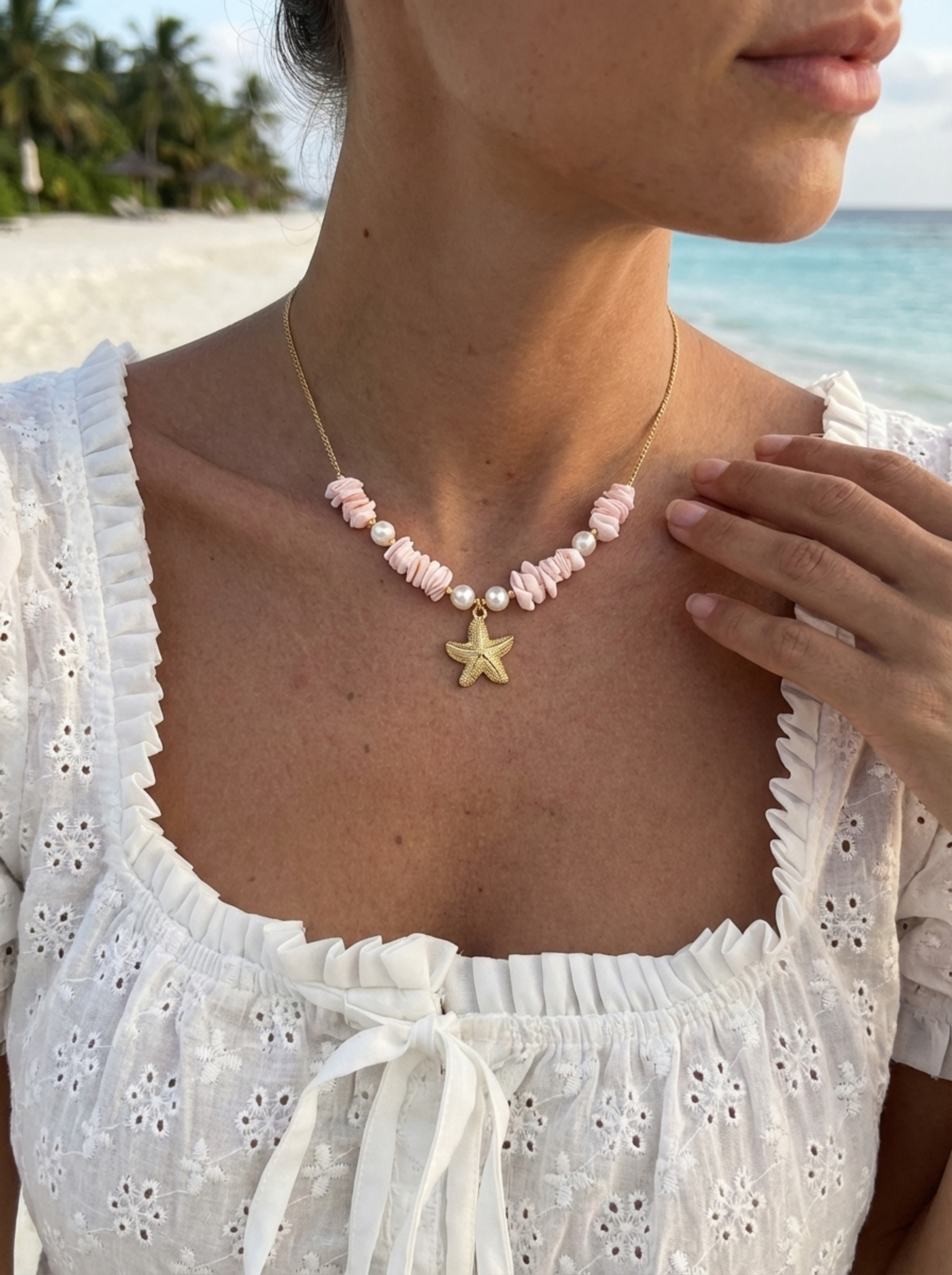 Boho Shell Necklace with Starfish Pendant and Crushed Stone – Summer Beach Jewelry for Women – view 3