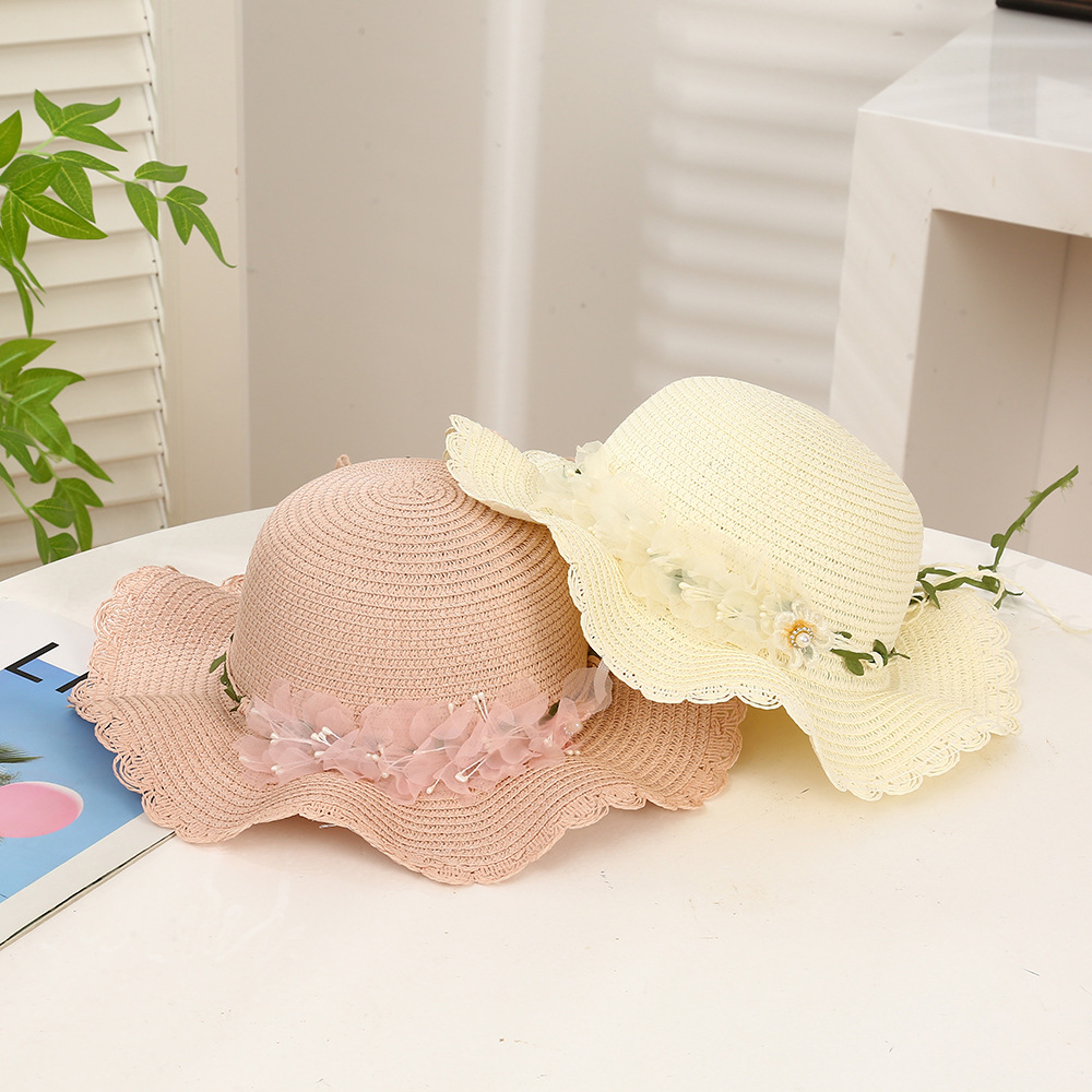 French-Style Wavy Edge Floral Straw Hat: Elegant Wide-Brimmed Summer Sun Protection and Beach Hat – view 6