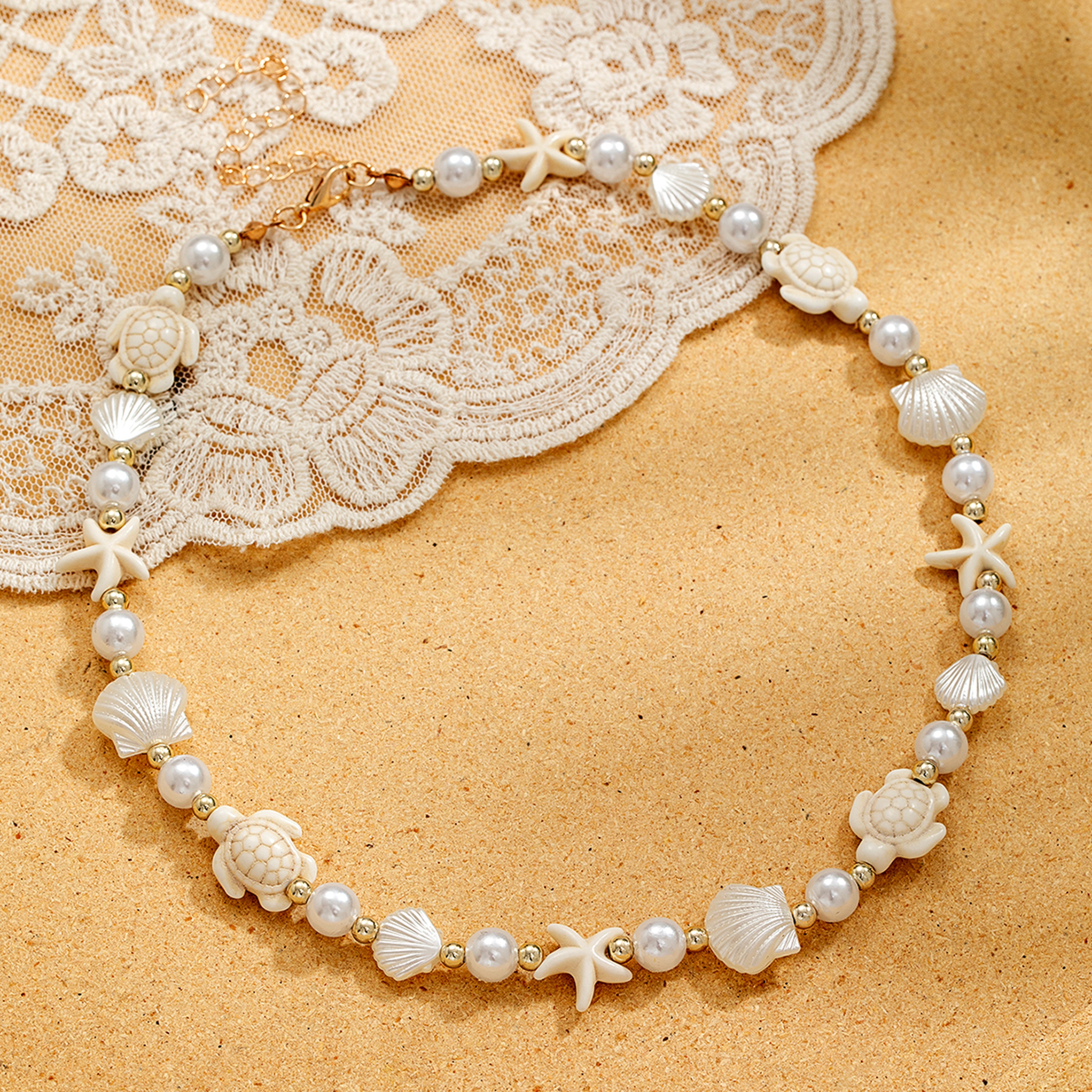 Turquoise Starfish Shell Necklace with Imitation Pearls for Beach Style – view 2