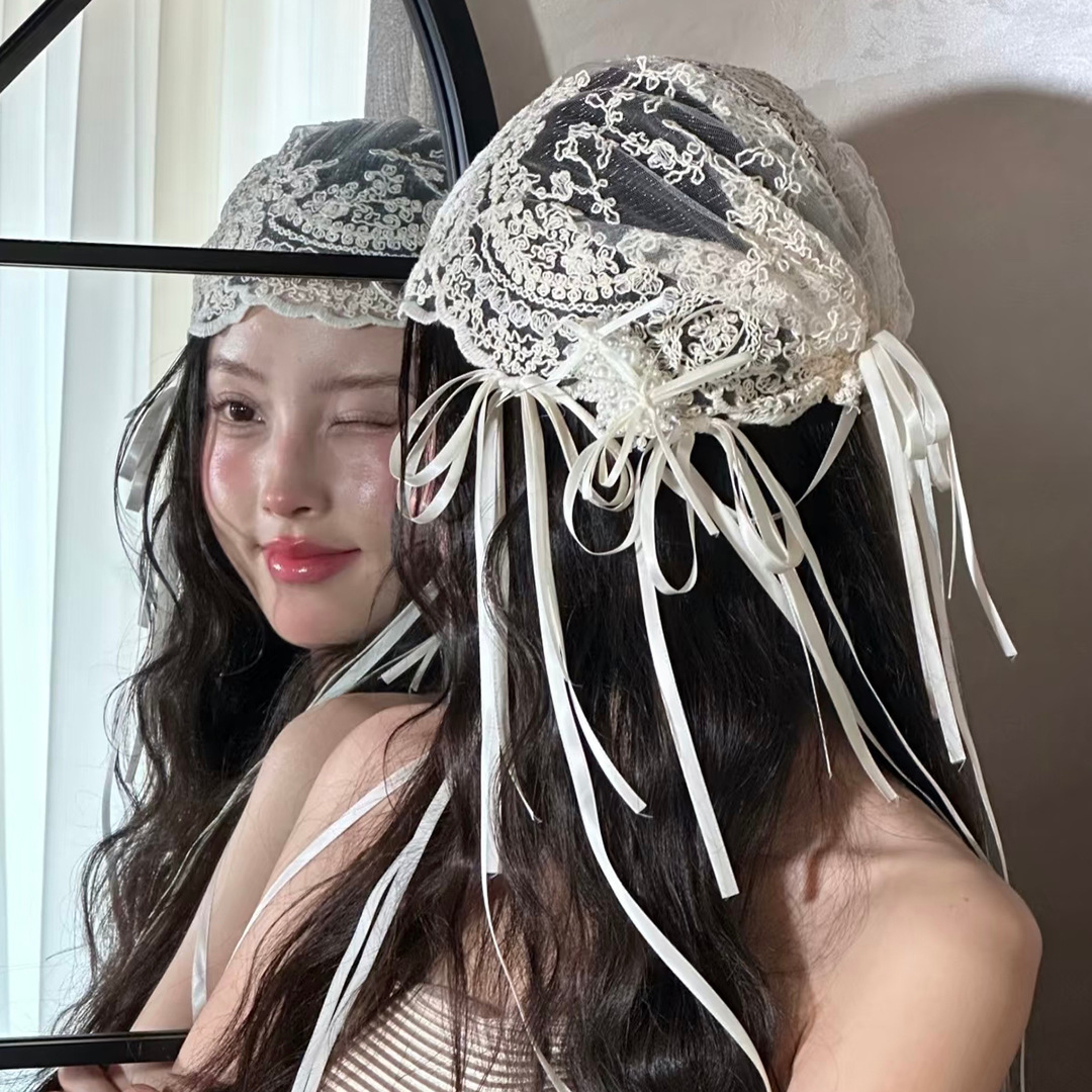 French Retro Bridal Lace Headband with Bow Ribbon Vintage Wedding Hair Accessory – view 3