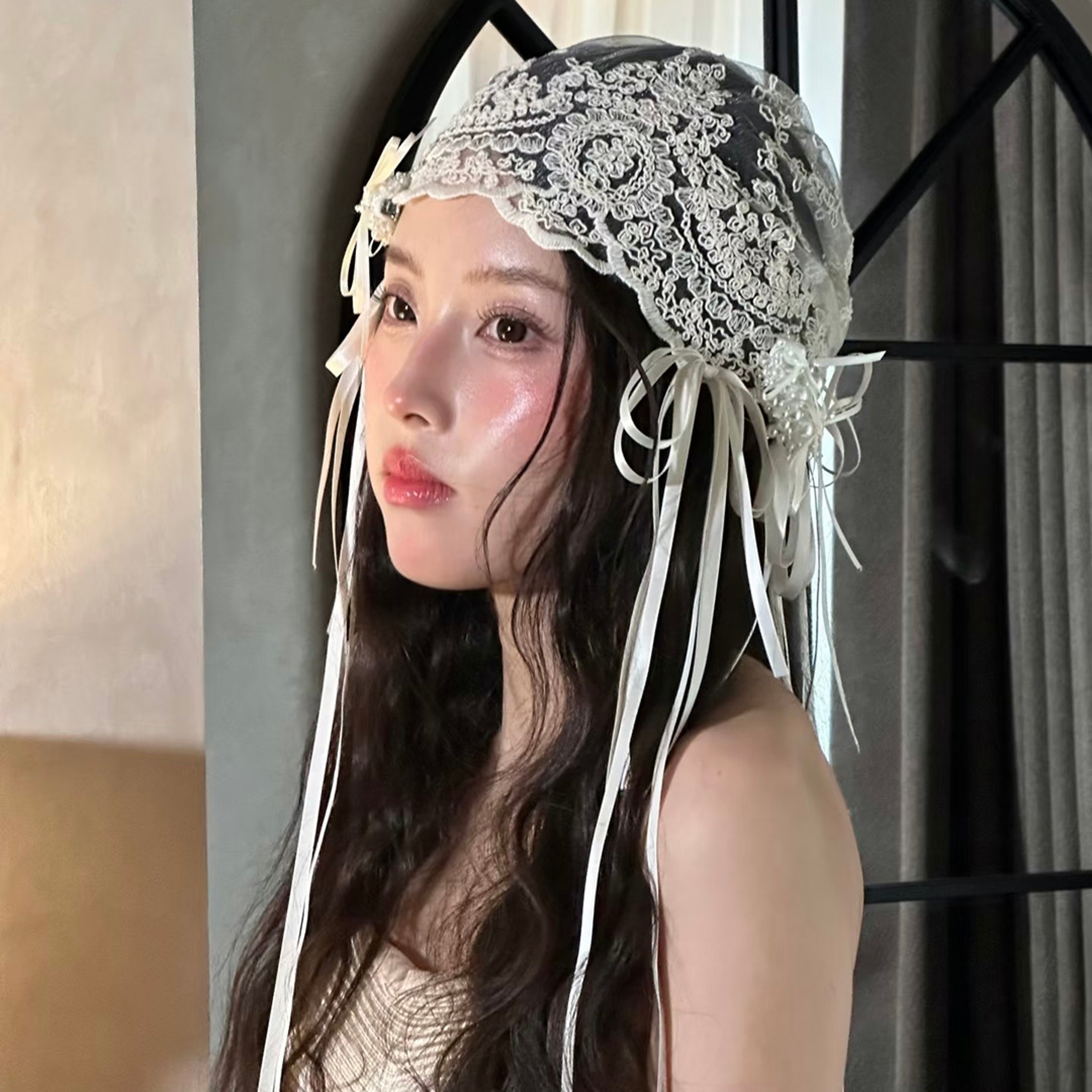 French Retro Bridal Lace Headband with Bow Ribbon Vintage Wedding Hair Accessory – view 7