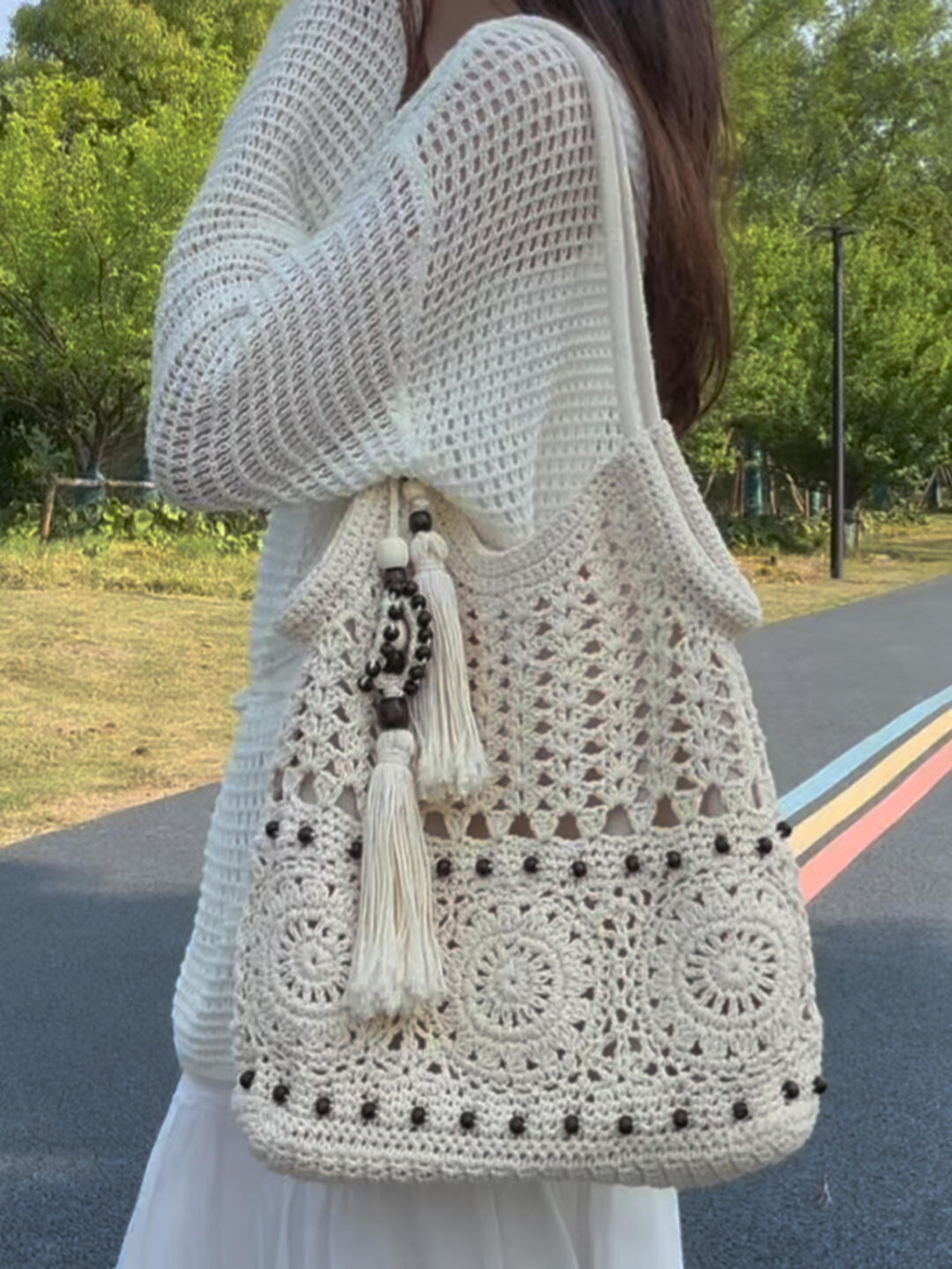 Hylhexyr Bohemian Tote Bag: Cotton Woven Shoulder Bag with Wooden Bead Tassel – view 1