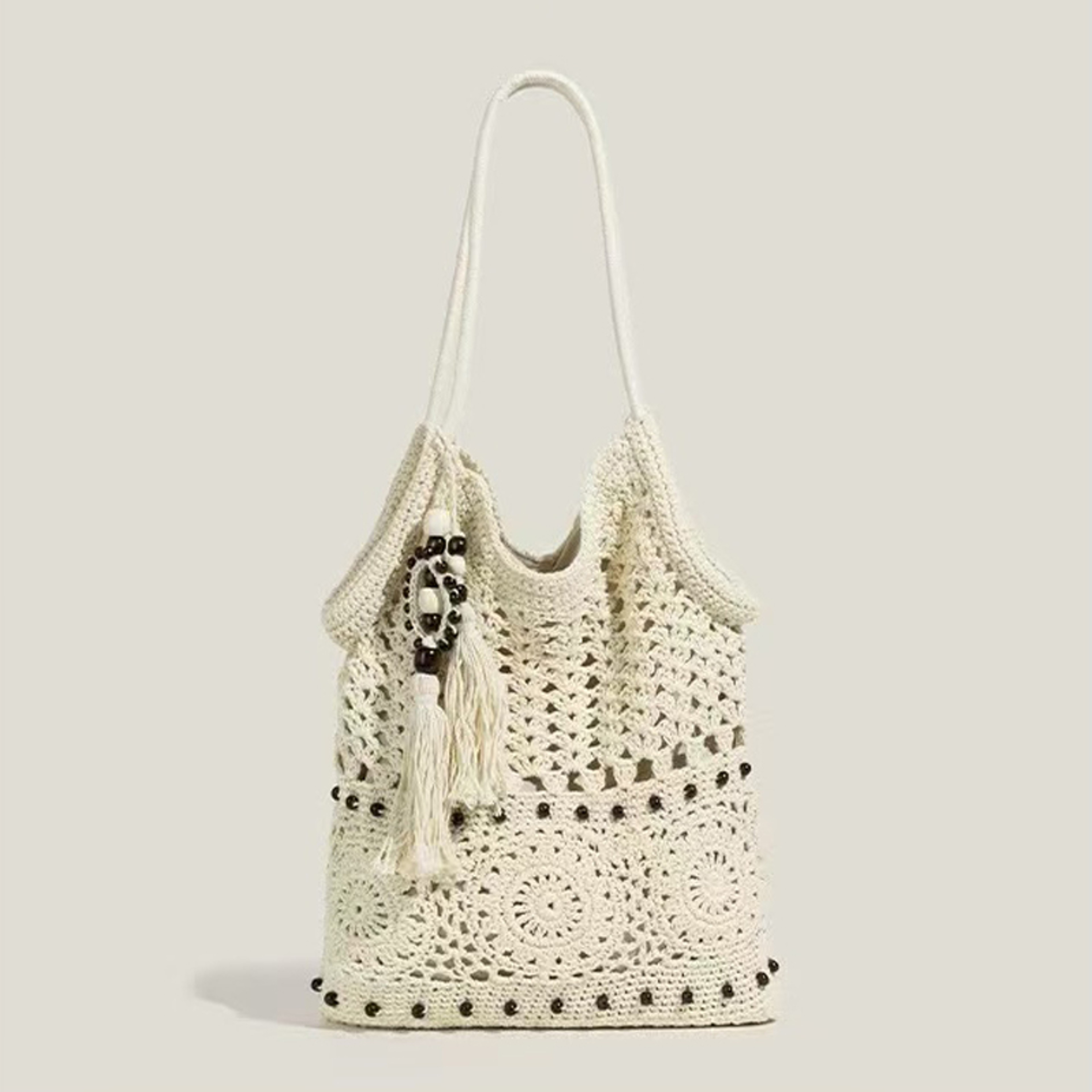 Hylhexyr Bohemian Tote Bag: Cotton Woven Shoulder Bag with Wooden Bead Tassel – view 8