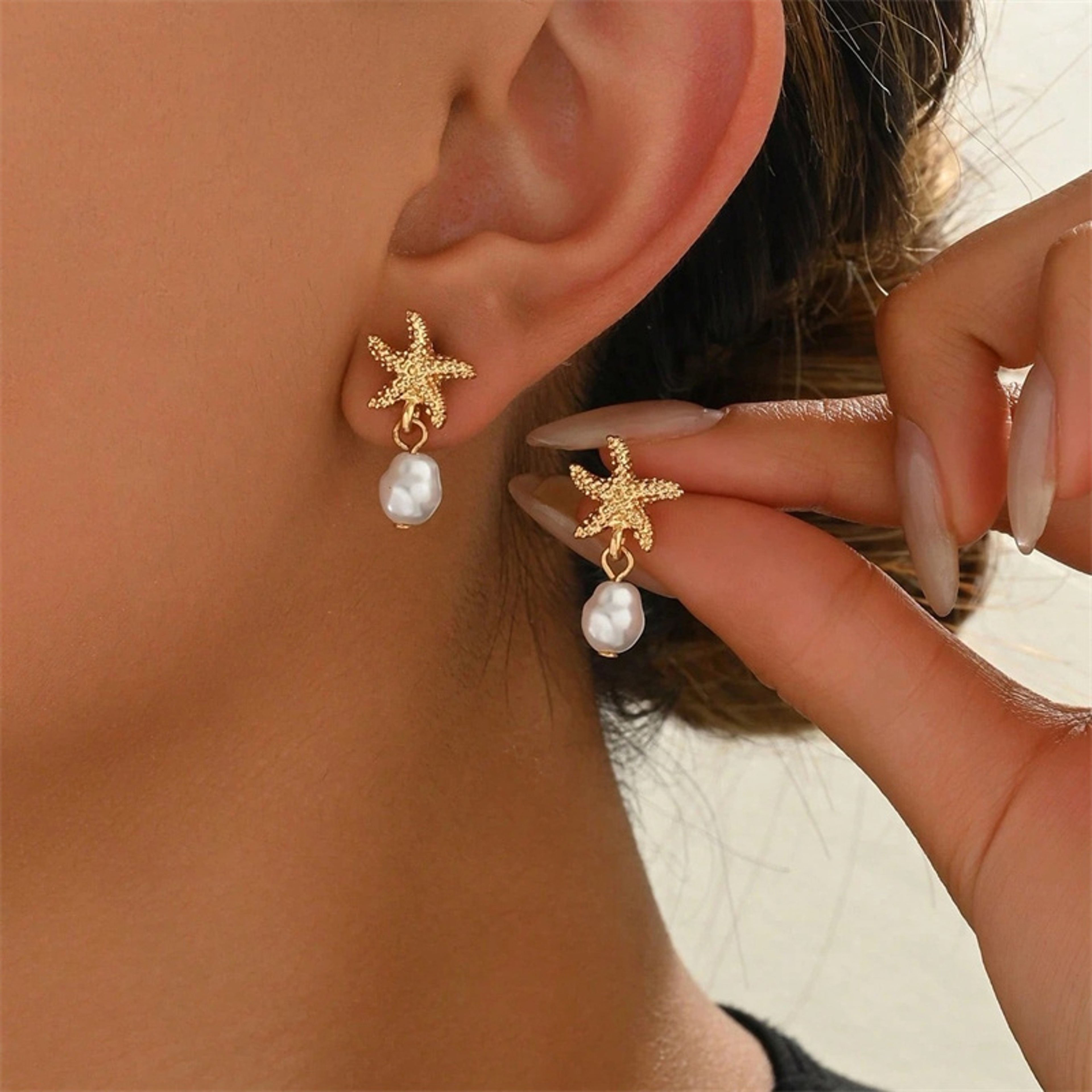 Coastal Elegance: Gold Starfish and Pearl Drop Earrings for Summer Beach Style – view 8