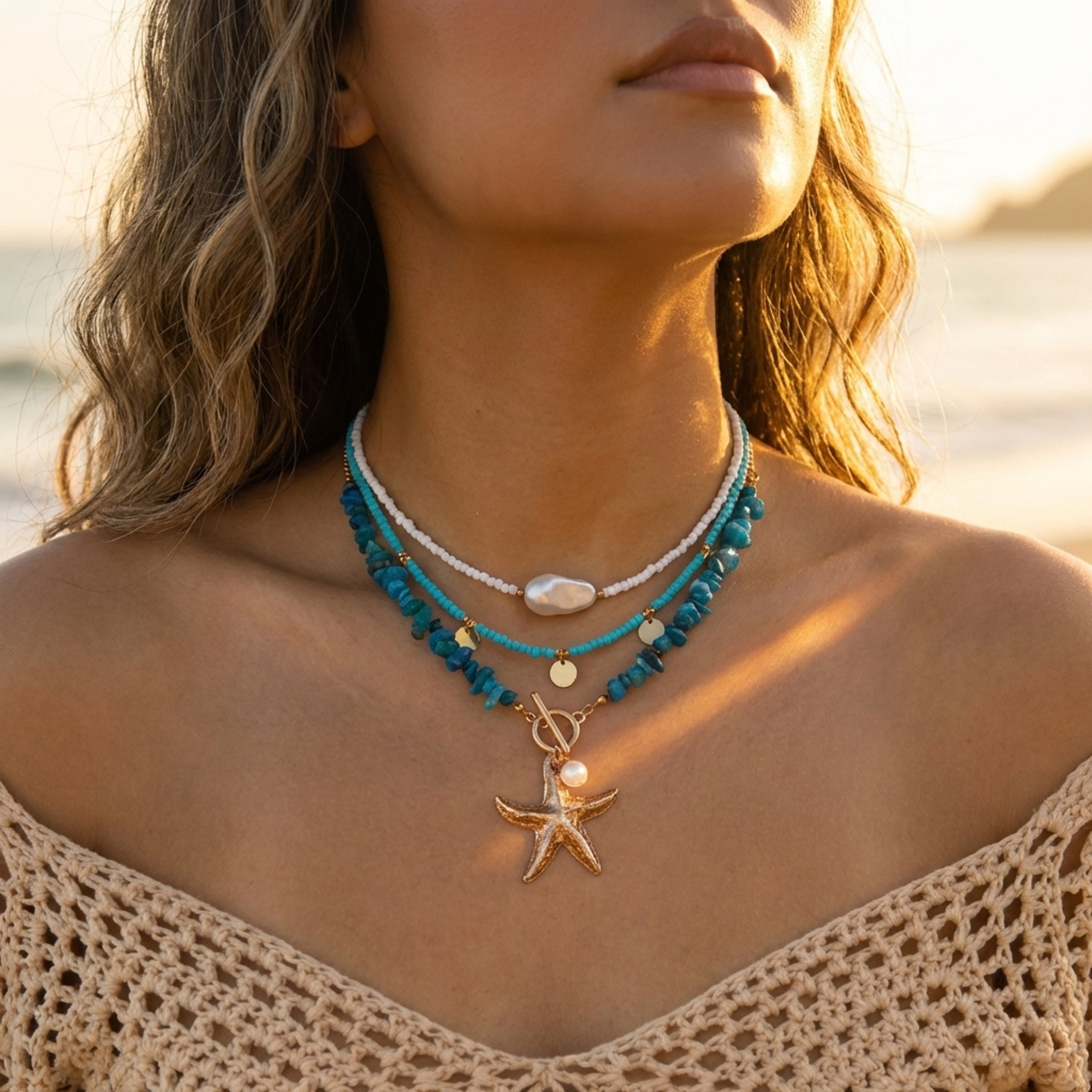 Bohemian Layered Shell Starfish and Turtle Necklace for Women Handmade Ocean Inspired Summer Beach Jewelry – view 5