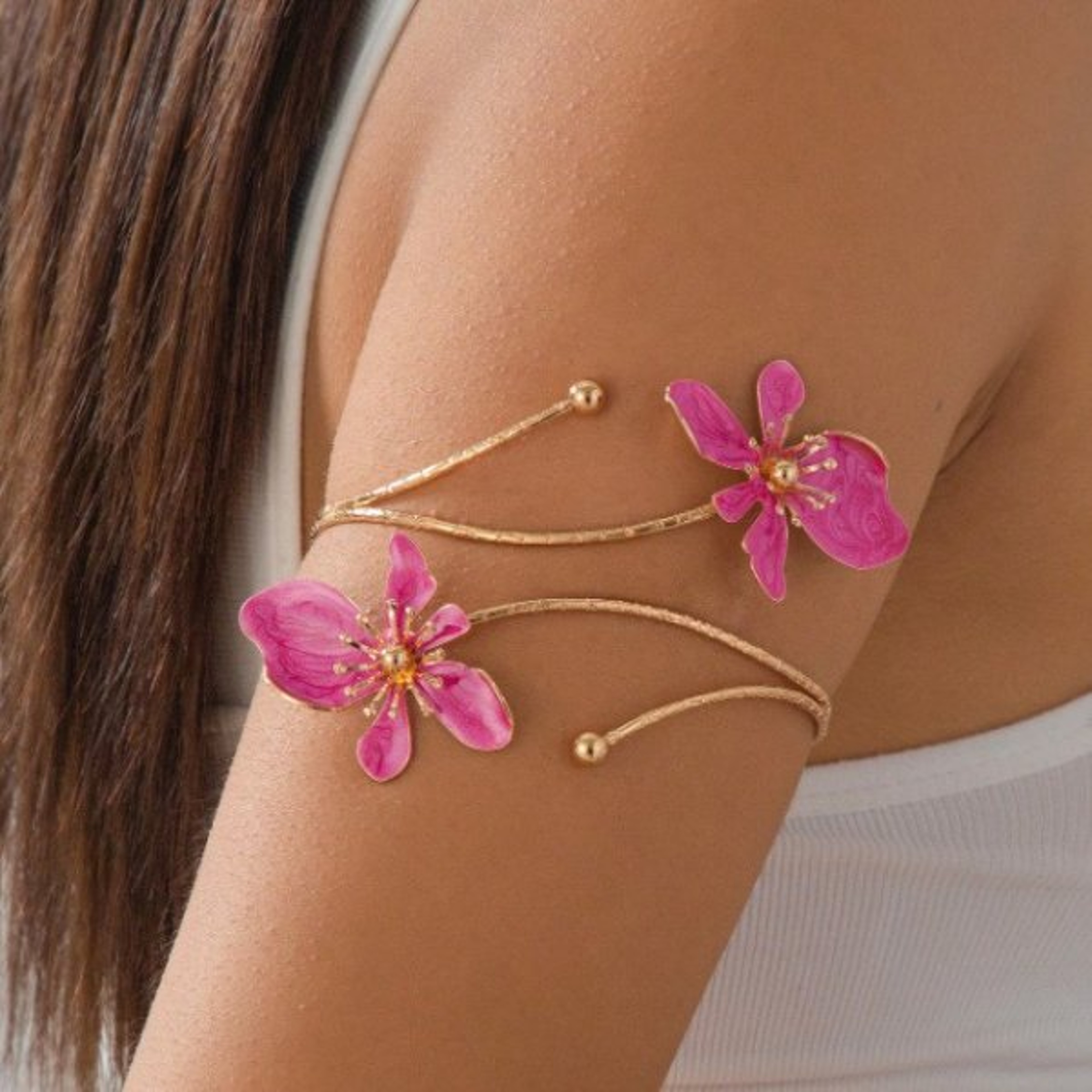 Boho Floral Open Cuff Armlet: Adjustable Vintage Enamel Flower Upper Arm Bracelet for Bohemian Beach Jewelry – view 11