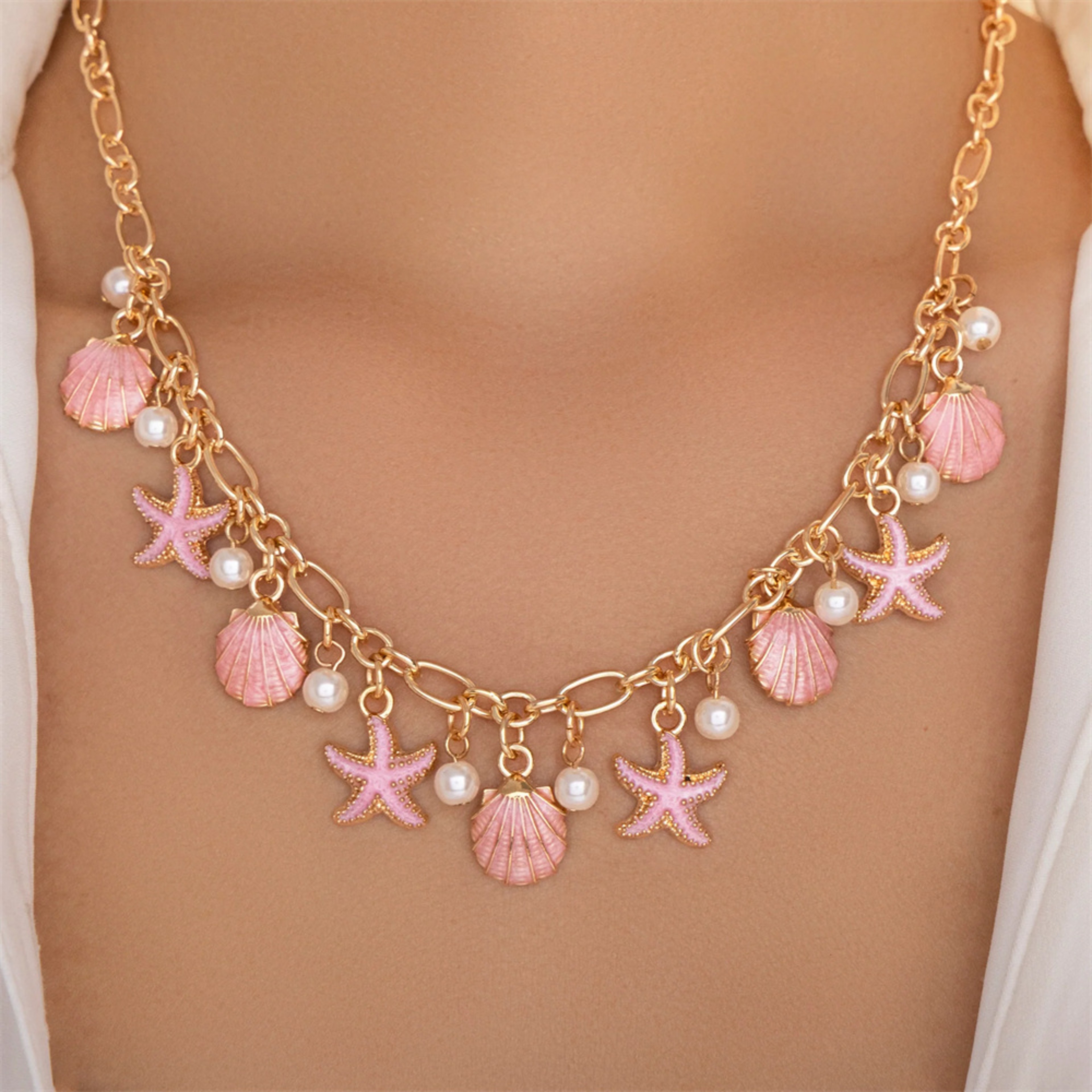 Boho Beach Necklace: Layered Pearl Choker with Starfish Pendant and Tassel Chain for Coastal Summer Aesthetic – view 2