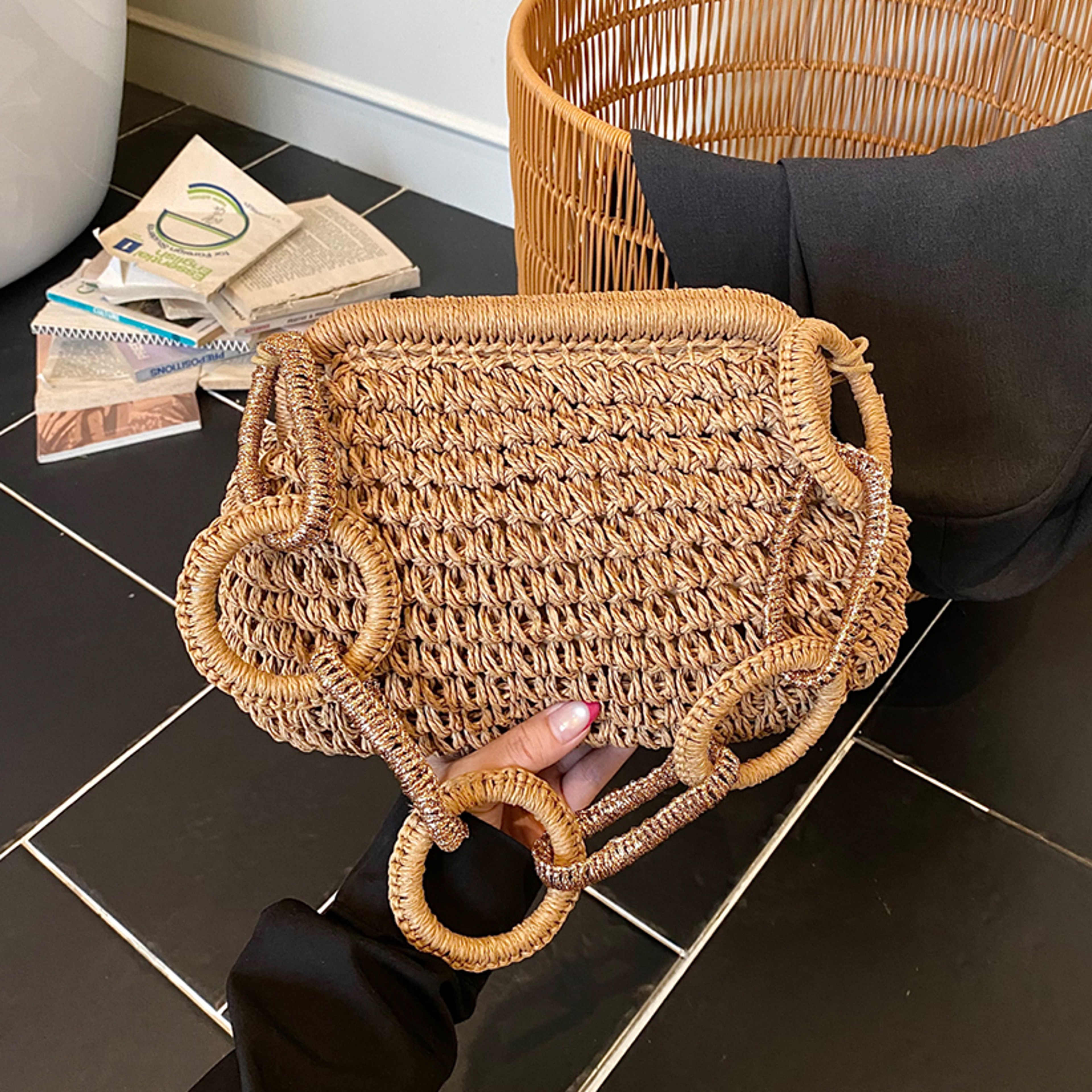Chic Round Ring Straw Beach Bag – Summer Cloud Dumpling Handbag – view 1
