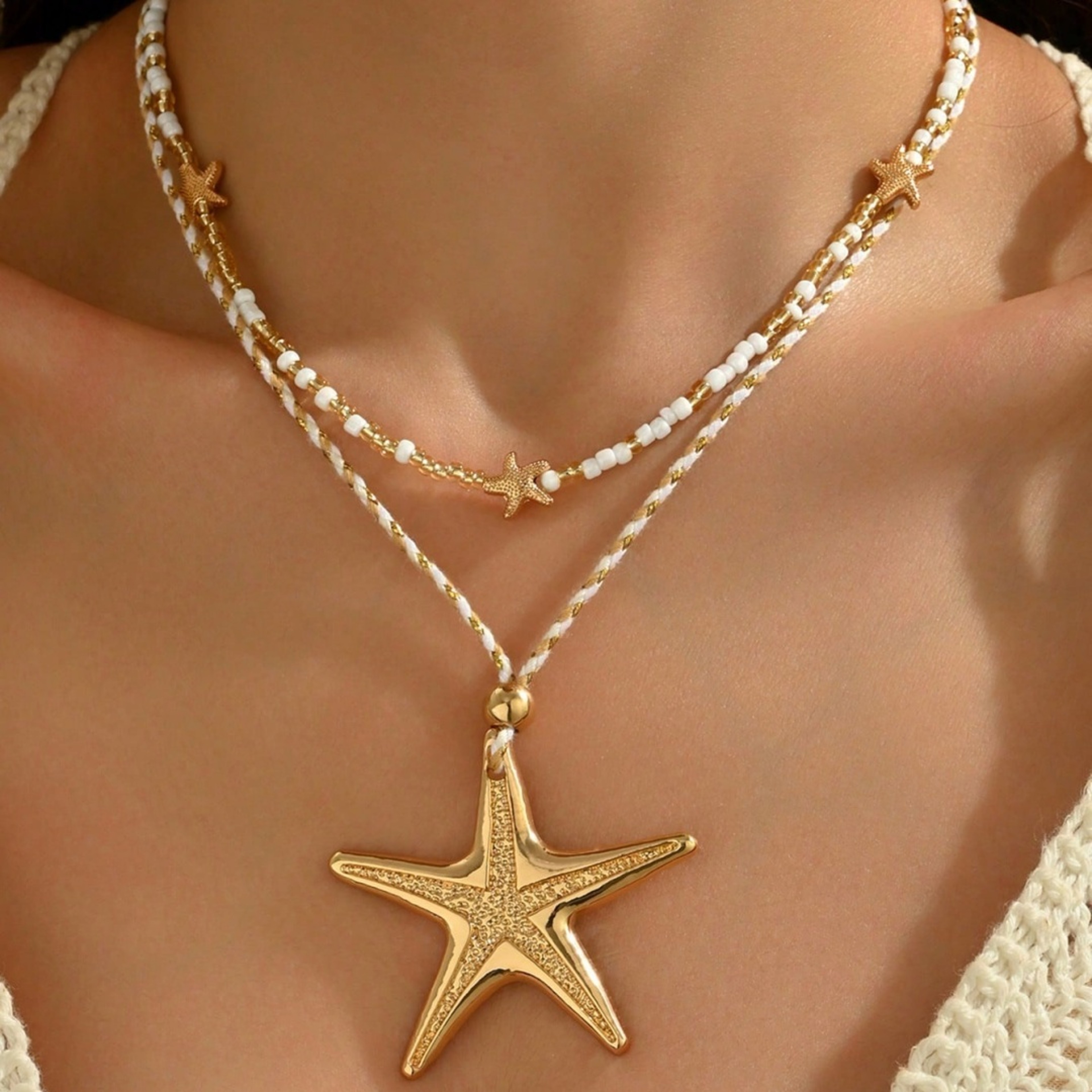 White Starfish Pendant Collarbone Necklace - Simple Boho Beach Jewelry for Women – view 8