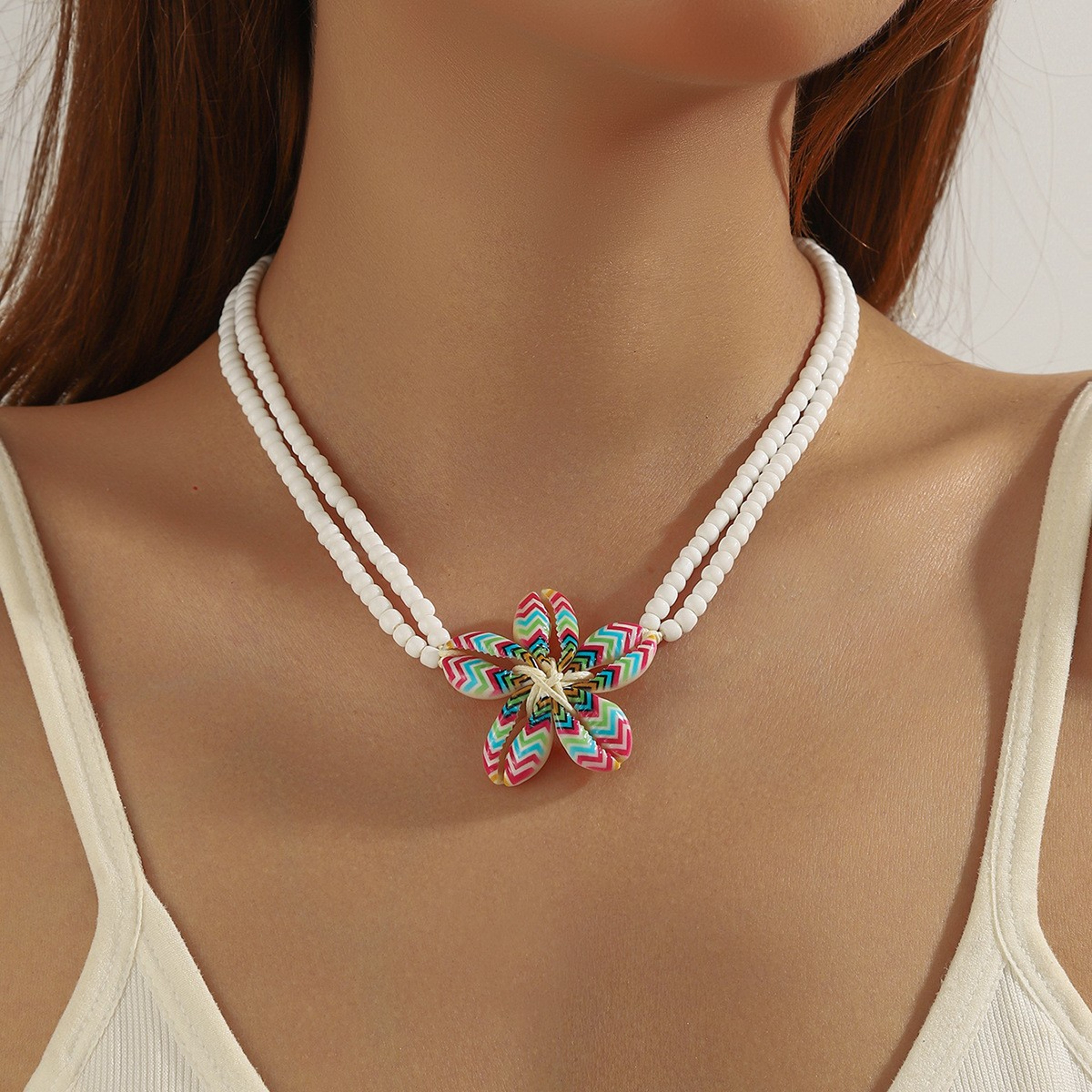 Bohemian Shell Necklace: Handwoven Glass Bead Beach Jewelry – view 1