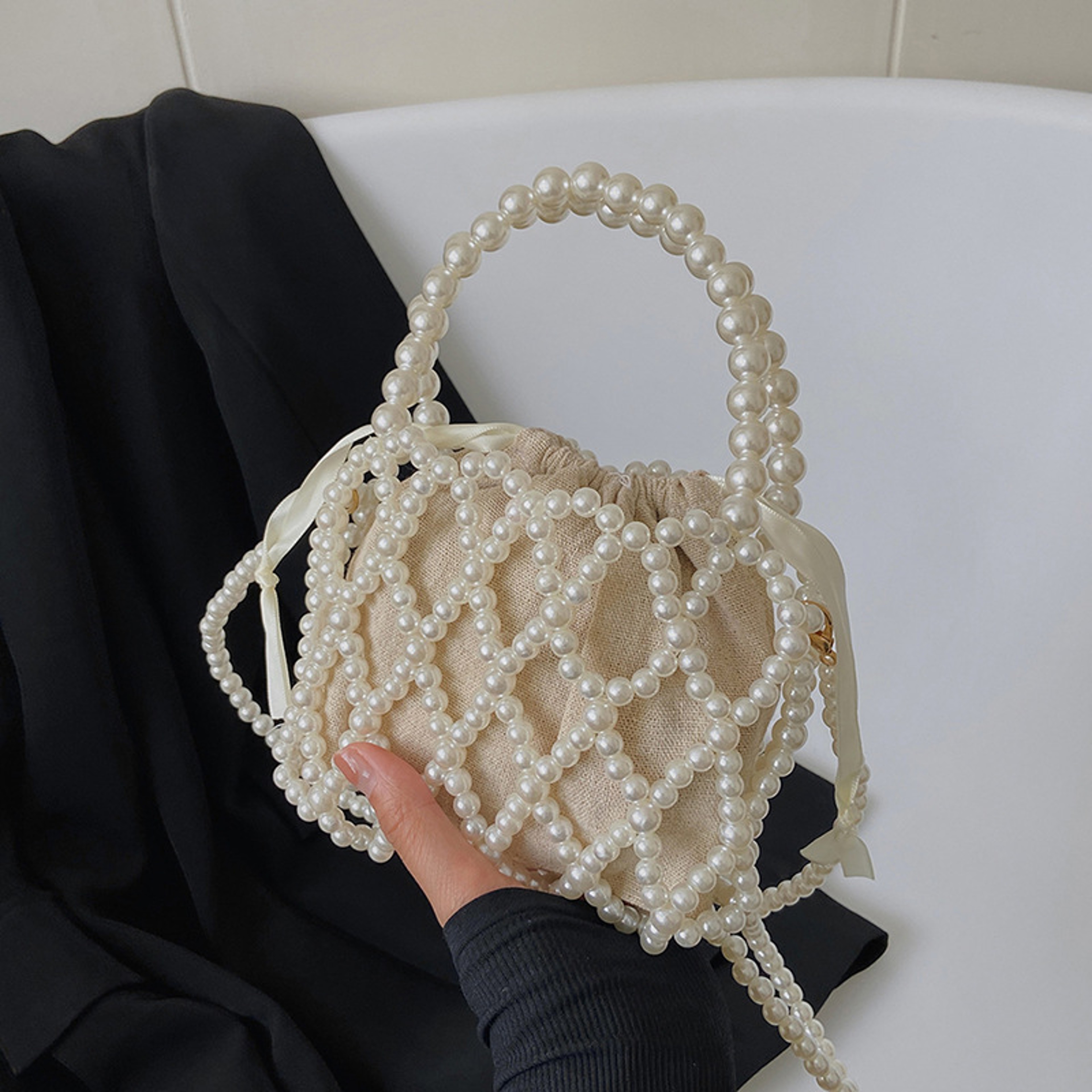 Bohemian Beach Bag: Summer Straw Tote with Pearl Details & Woven Crossbody Strap – view 7