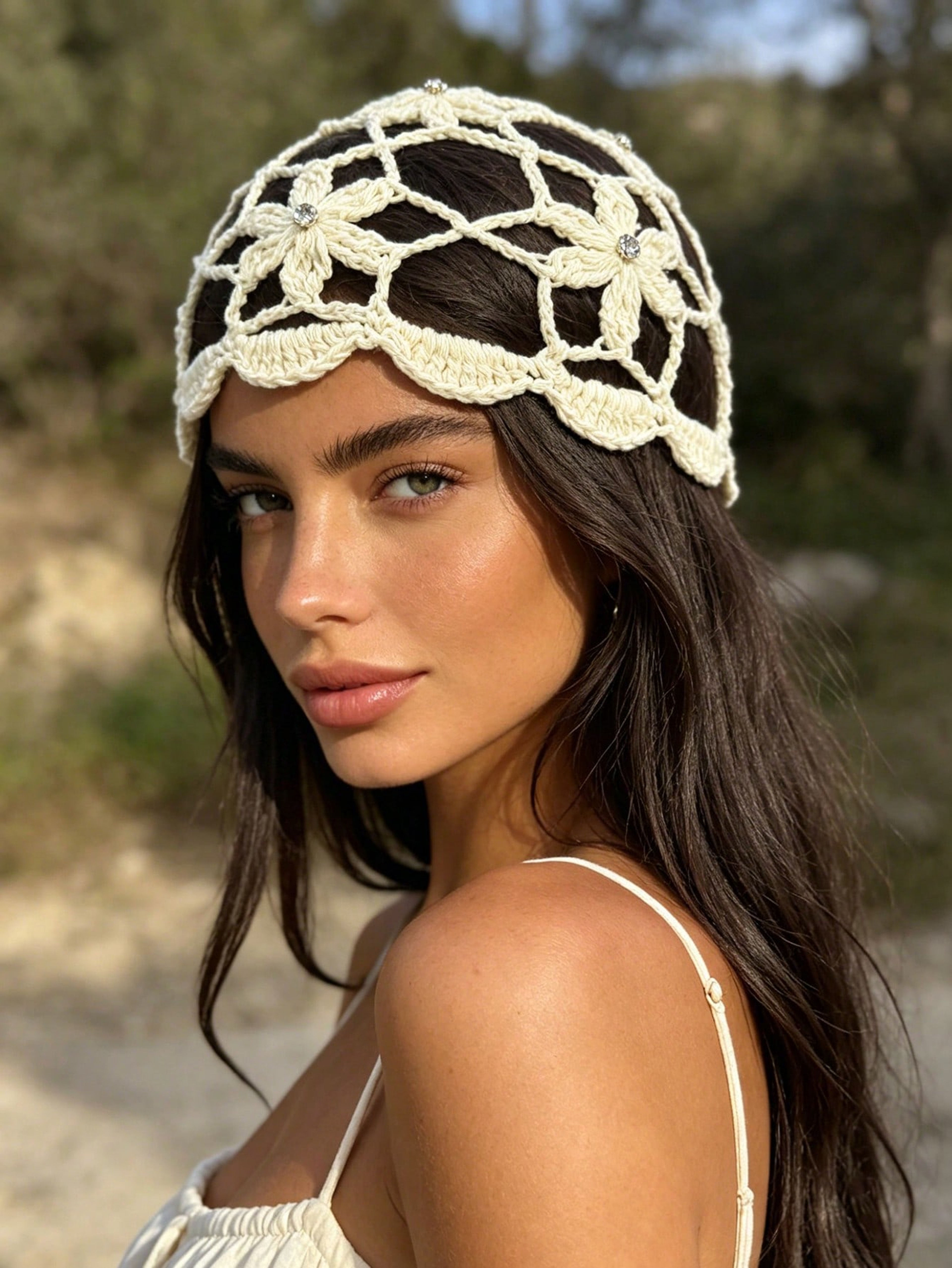 Bohemian Rhinestone Knitted Beanie with Hollow Flower Detail – view 1