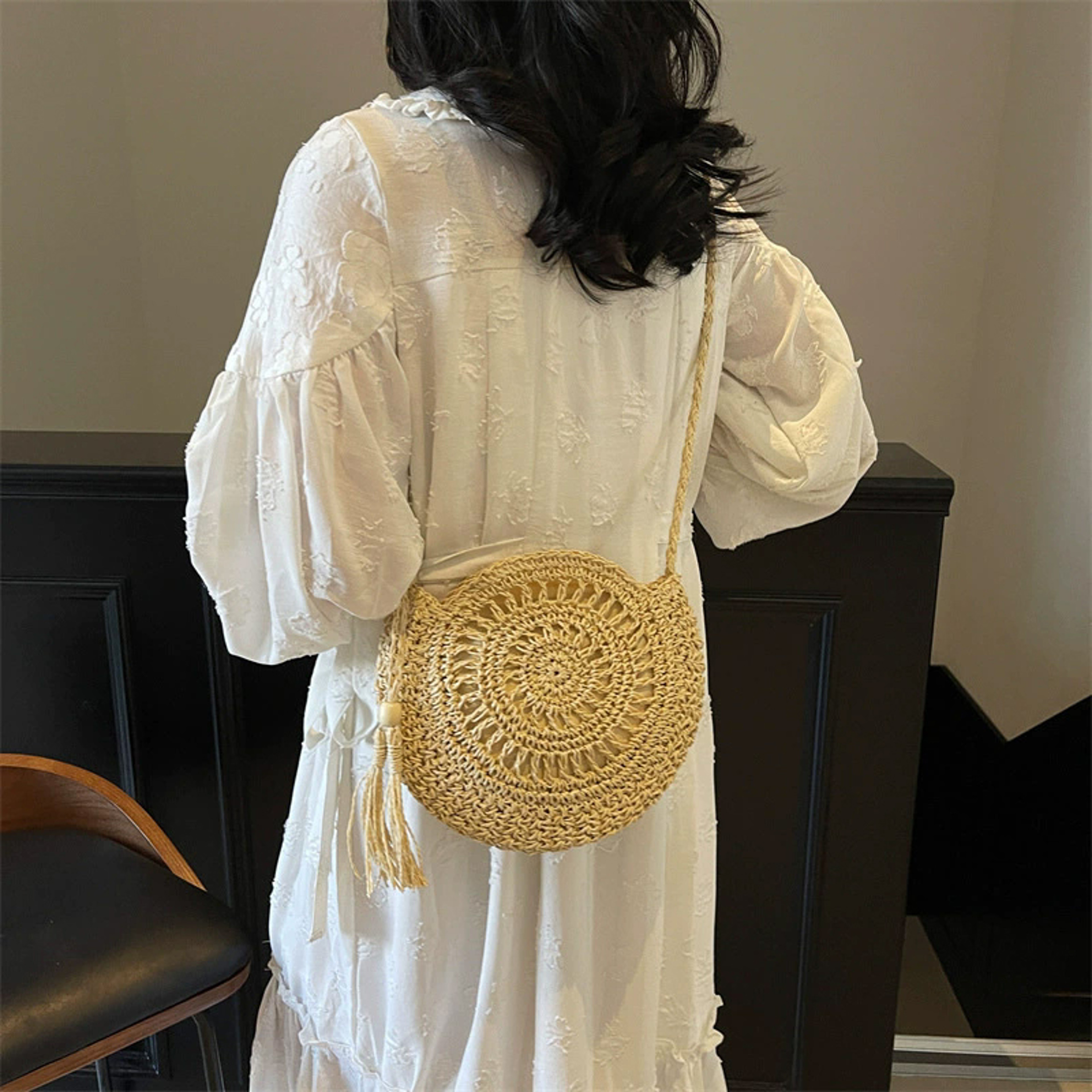Handmade Round Straw Crossbody Bag With Tassel Detail 0