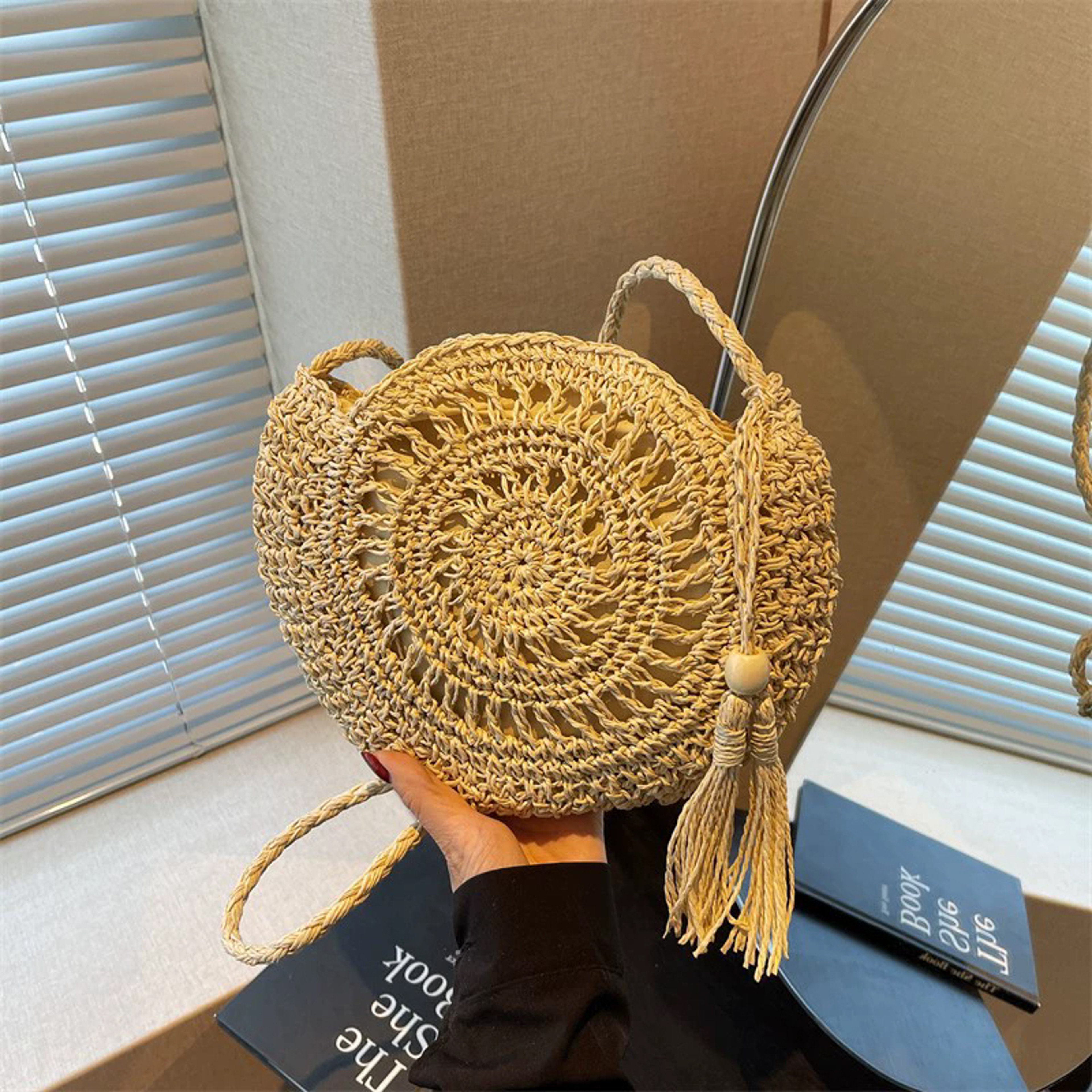 Handmade Round Straw Crossbody Bag With Tassel Detail 4