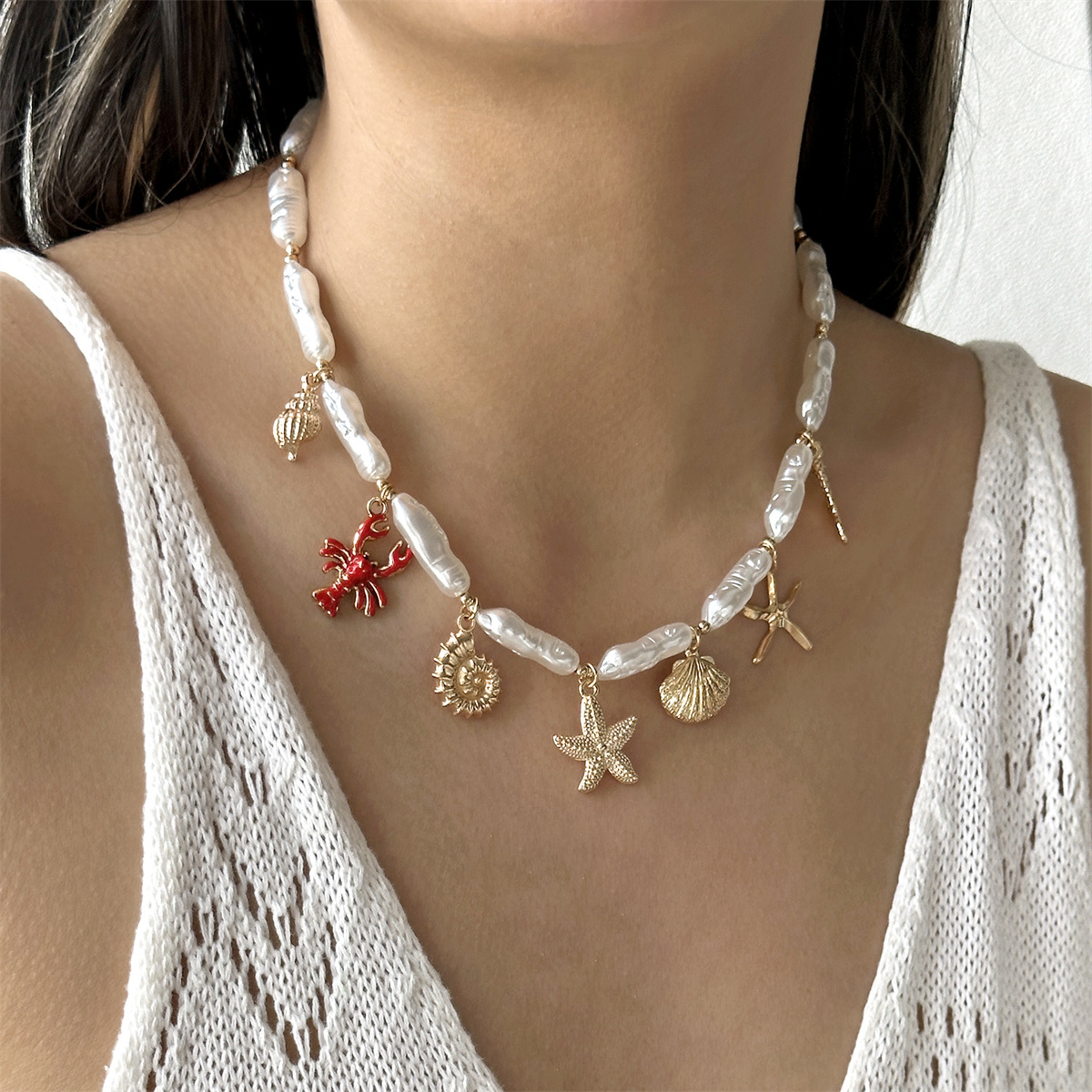 Bohemian Shell Necklace with Starfish Charm and Imitation Pearl Beads for Beach Vacation – view 1