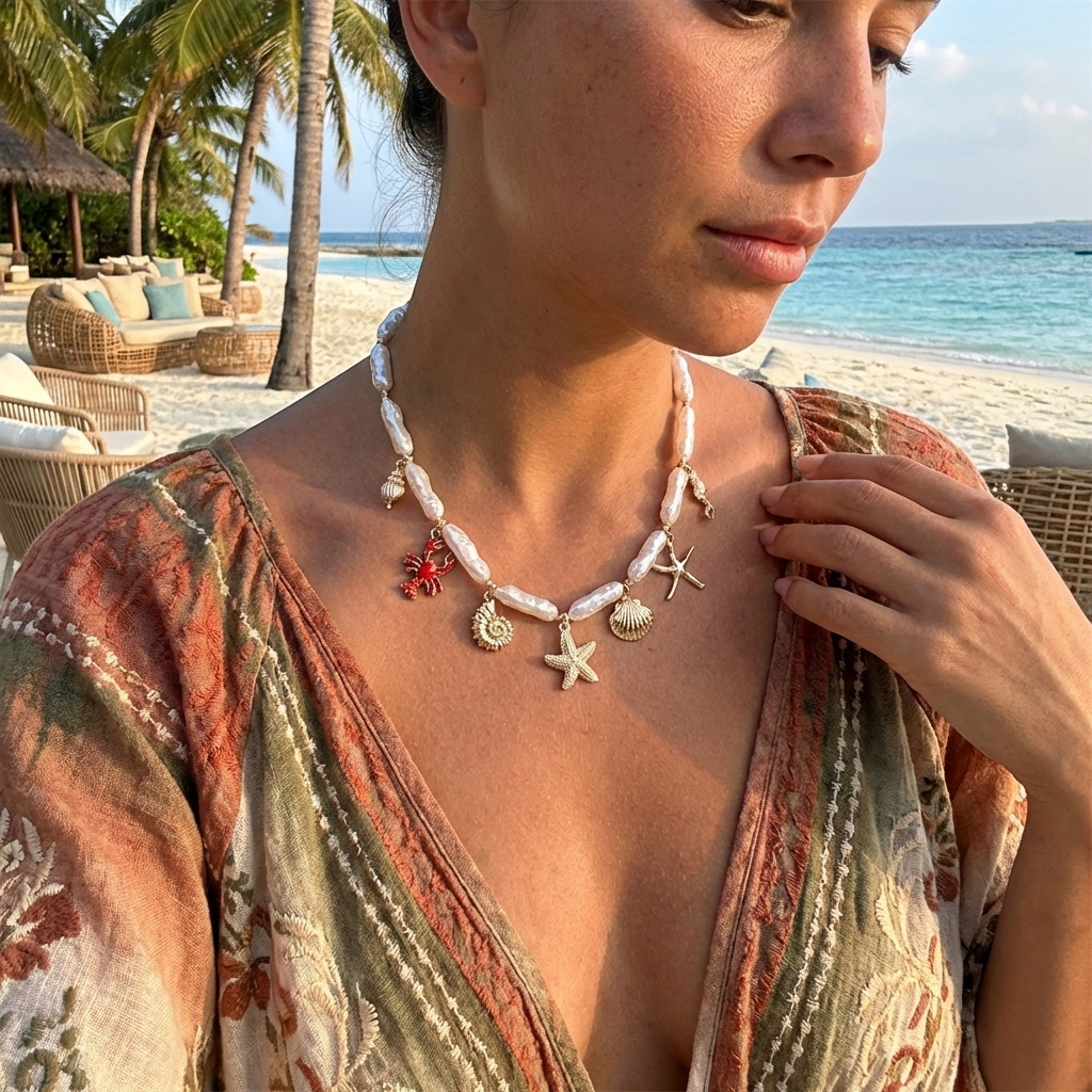 Bohemian Shell Necklace with Starfish Charm and Imitation Pearl Beads for Beach Vacation – view 3