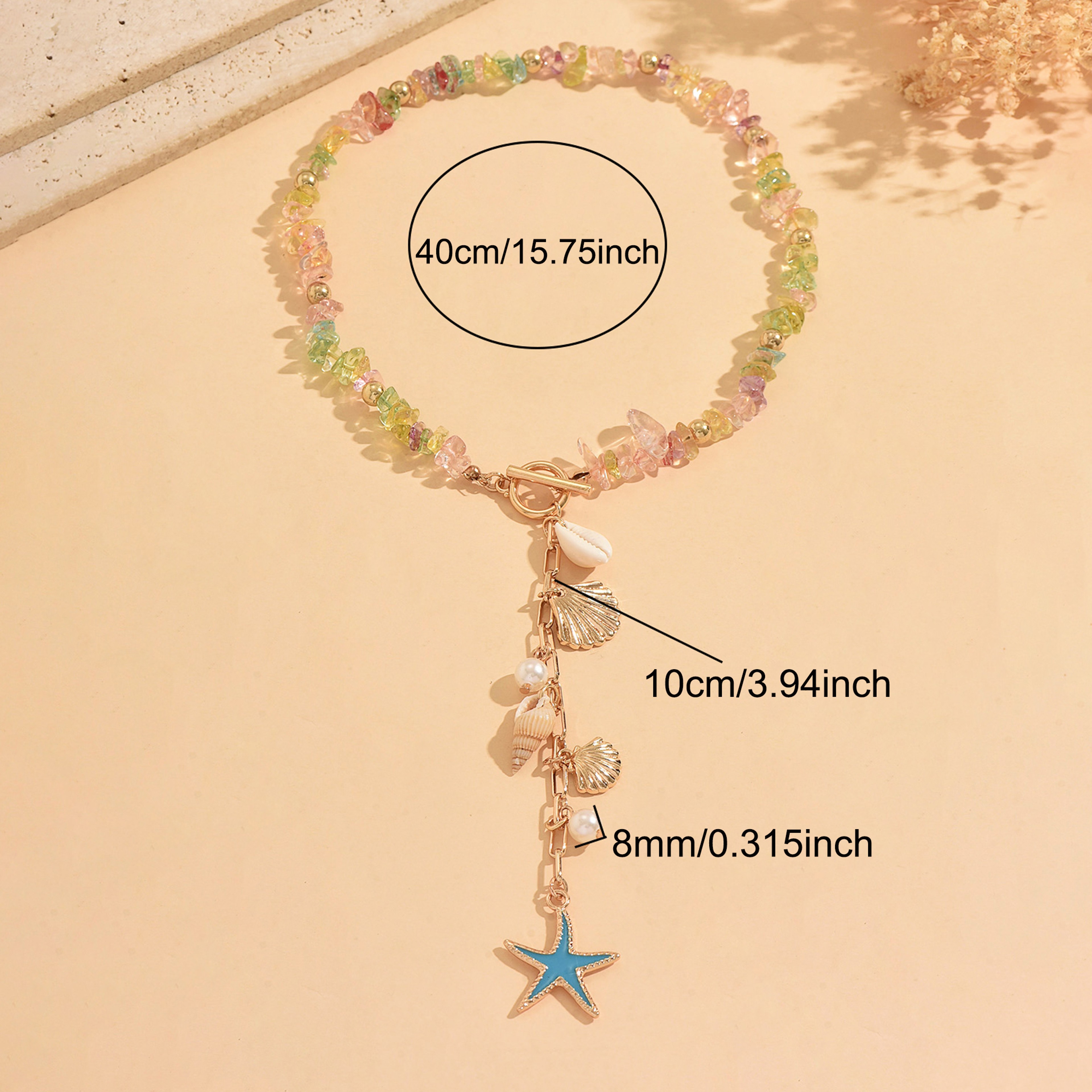 Boho Beach Jewelry: Colorful Stone Starfish Shell Necklace with Toggle Clasp Pendant – view 4