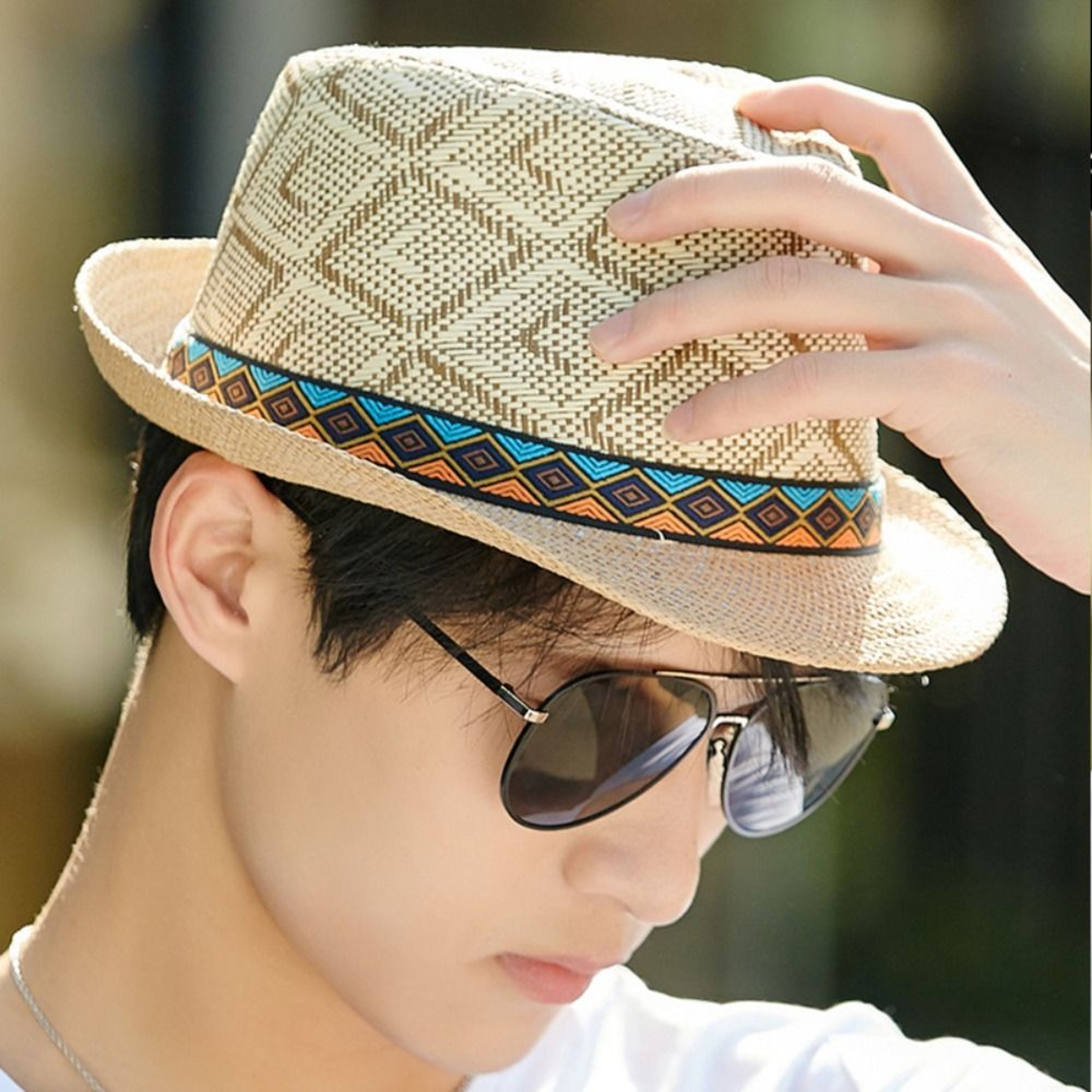 Men's Straw Panama Hat with Plaid Band and Sun Protection – view 1