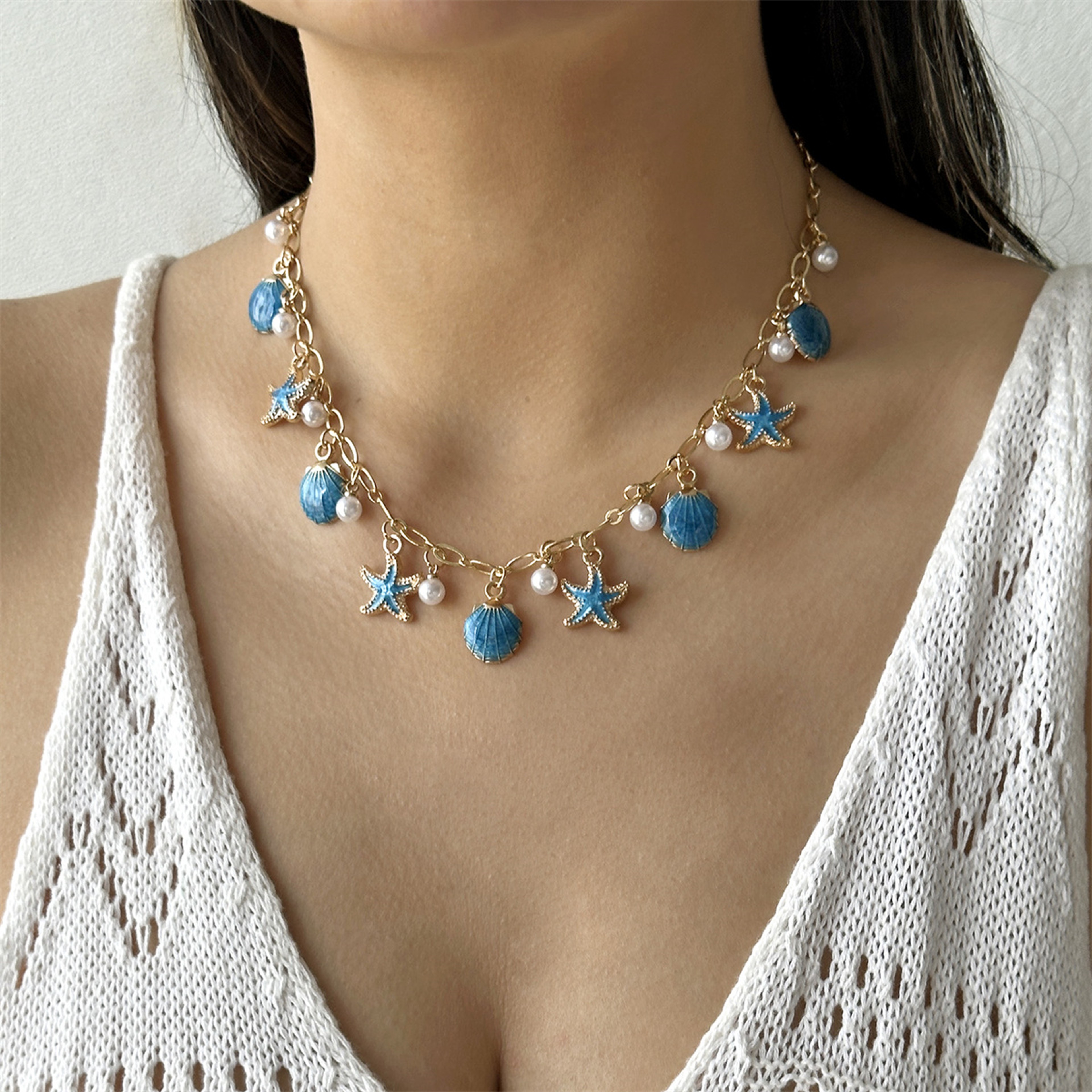 Boho Starfish Shell Pearl Tassel Conch Pendant Choker Necklace – view 5