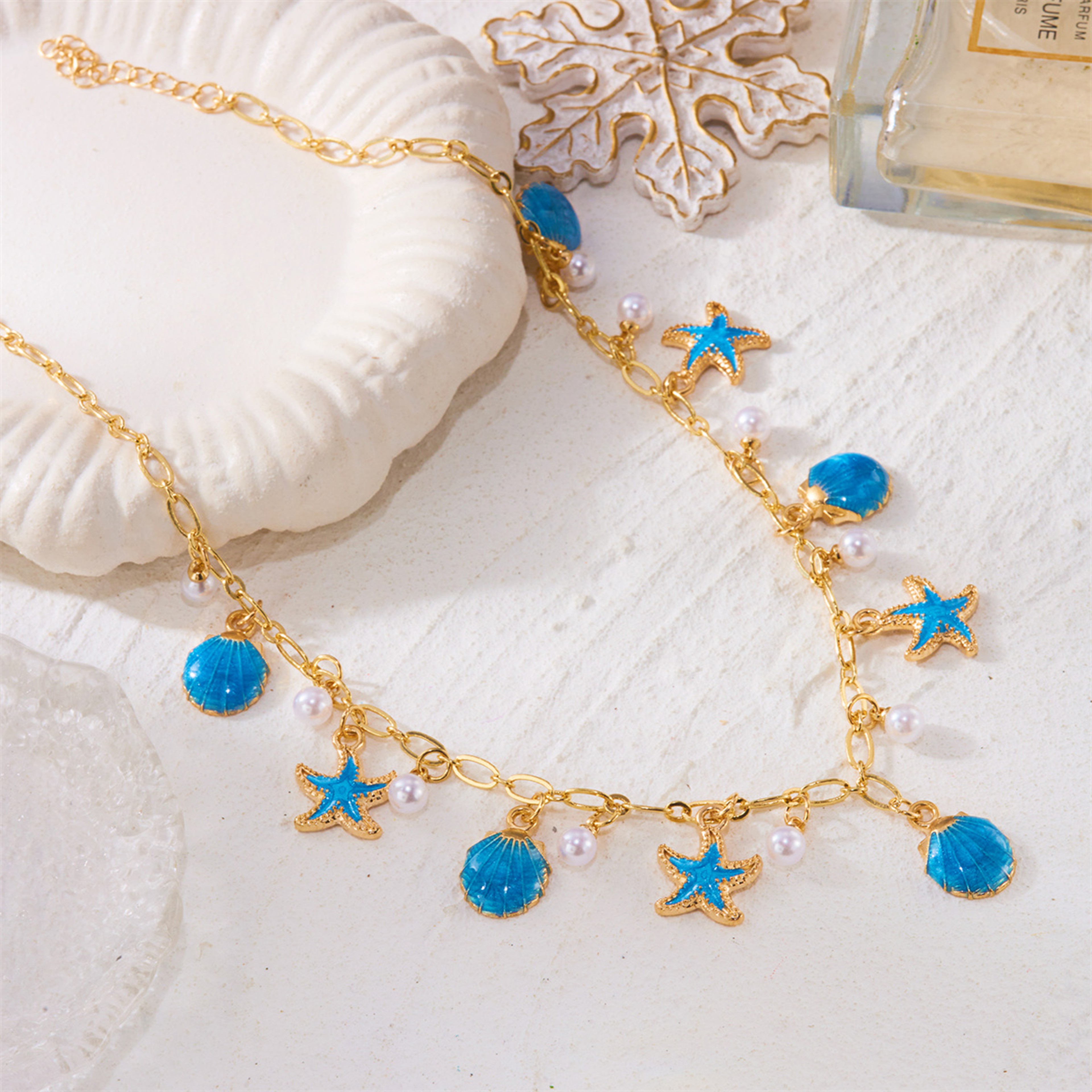 Boho Starfish Shell Pearl Tassel Conch Pendant Choker Necklace – view 6