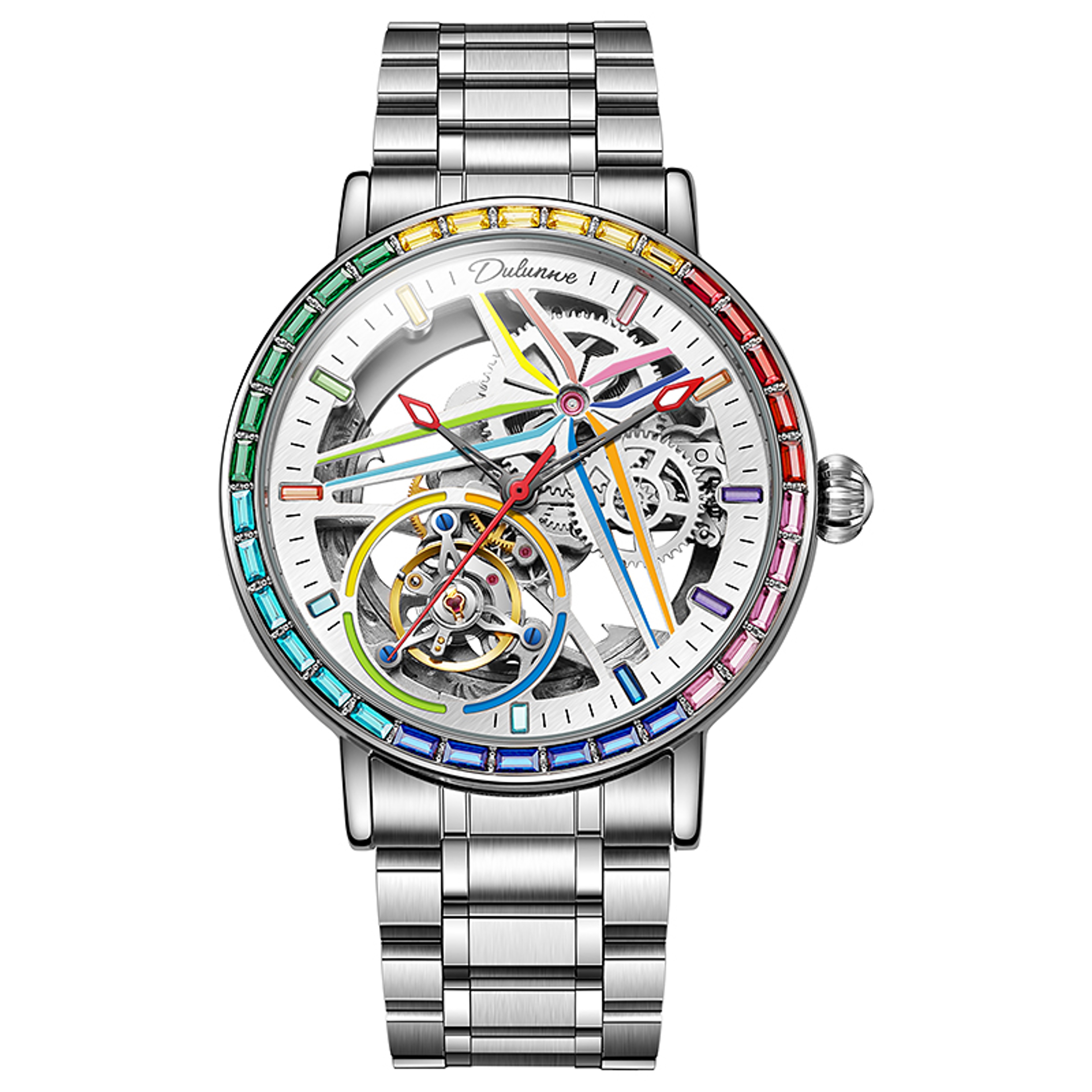 Rainbow Colored Gemstone Tourbillon Skeleton Automatic Mechanical Watch for Men – view 11