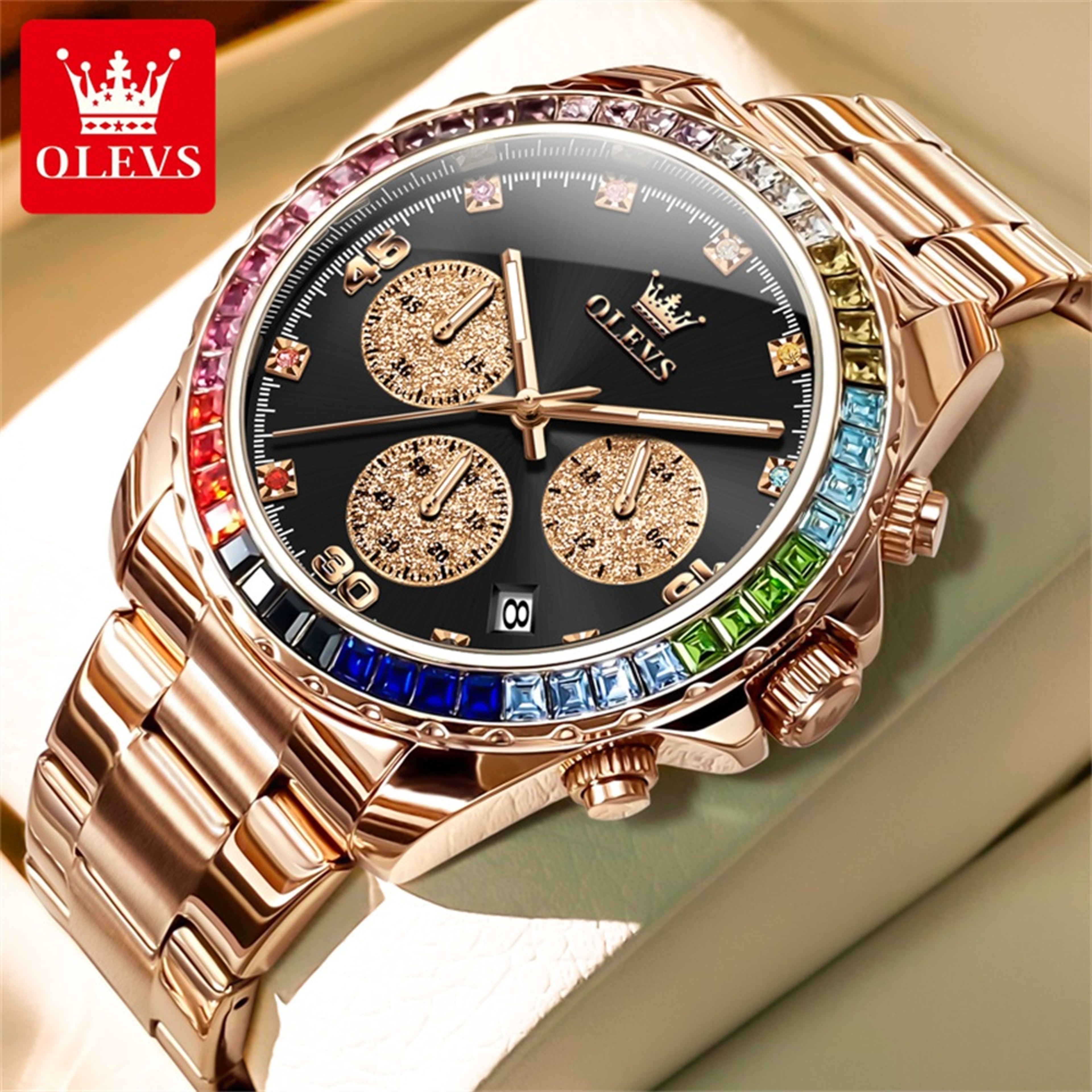 OLEVS Rainbow Gemstone Bezel Quartz Watch 0