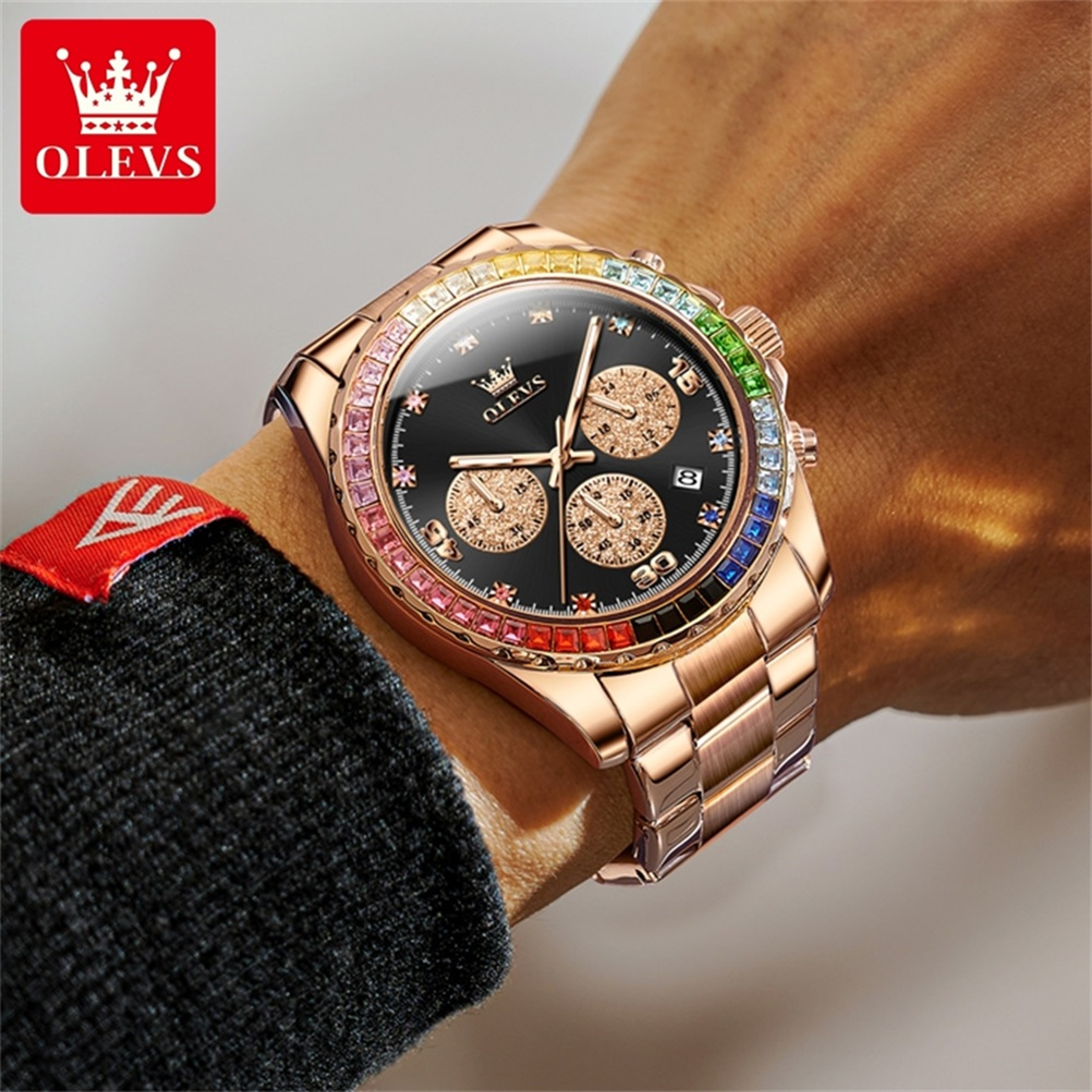 OLEVS Rainbow Gemstone Bezel Quartz Watch 1