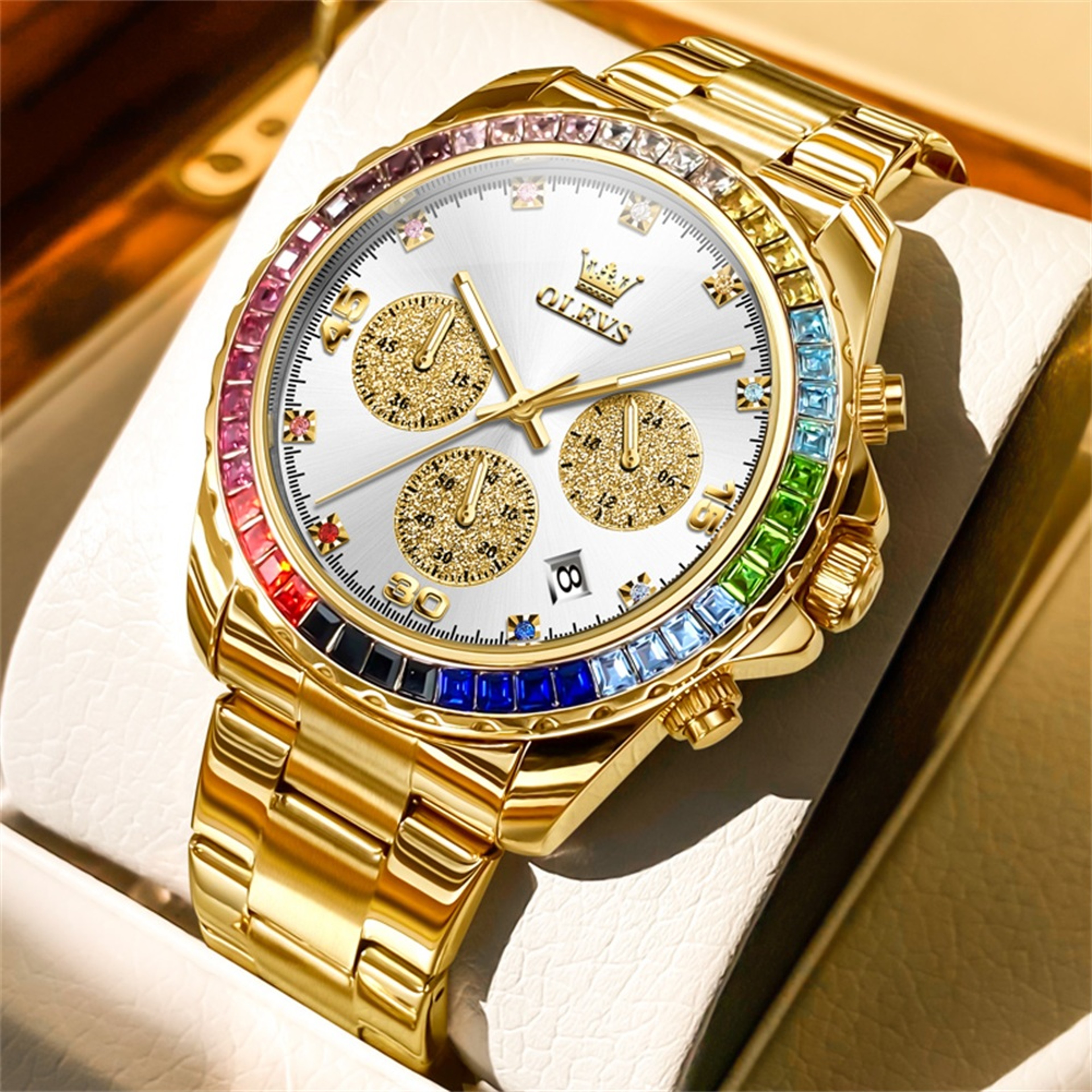OLEVS Rainbow Gemstone Bezel Quartz Watch 5