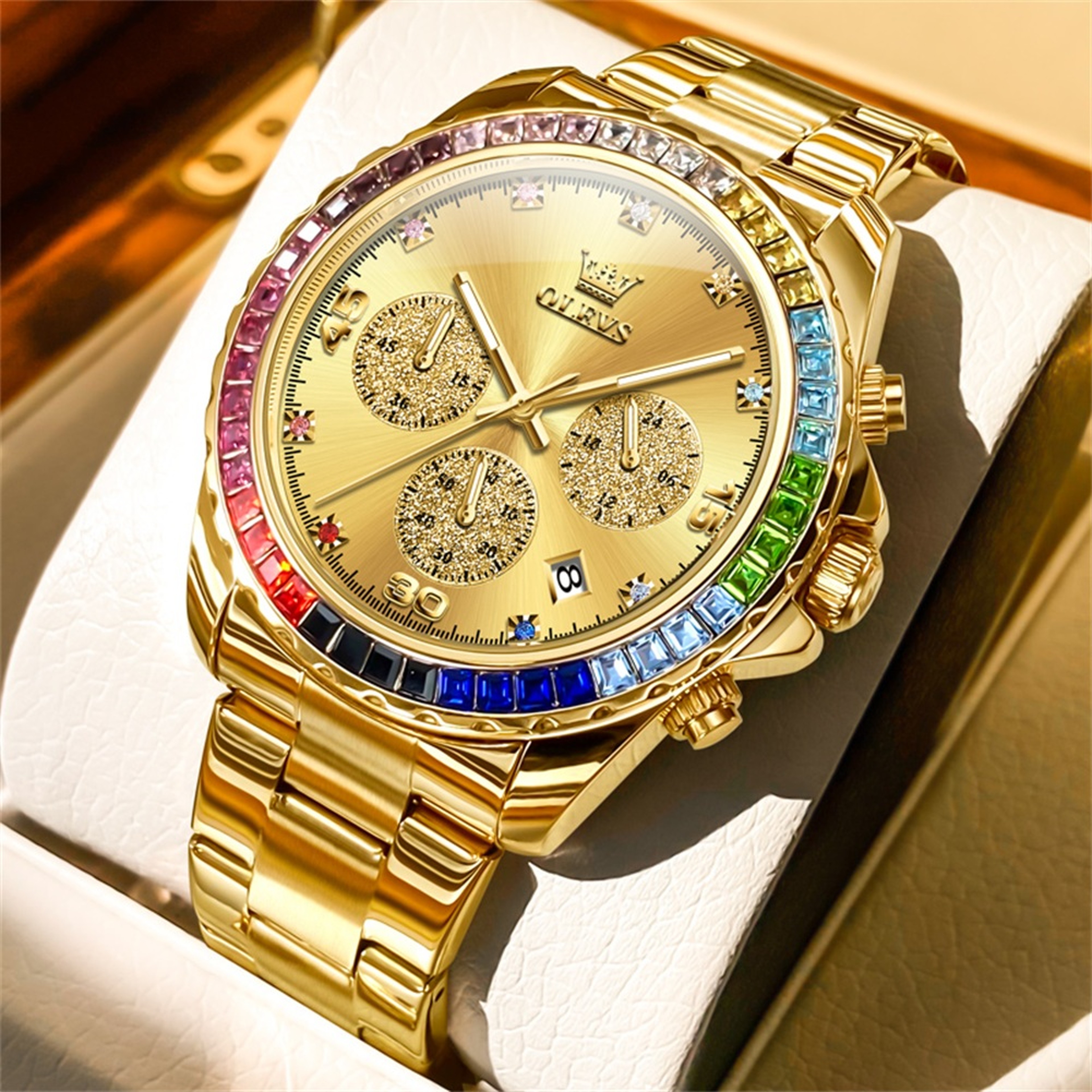 OLEVS Rainbow Gemstone Bezel Quartz Watch 7