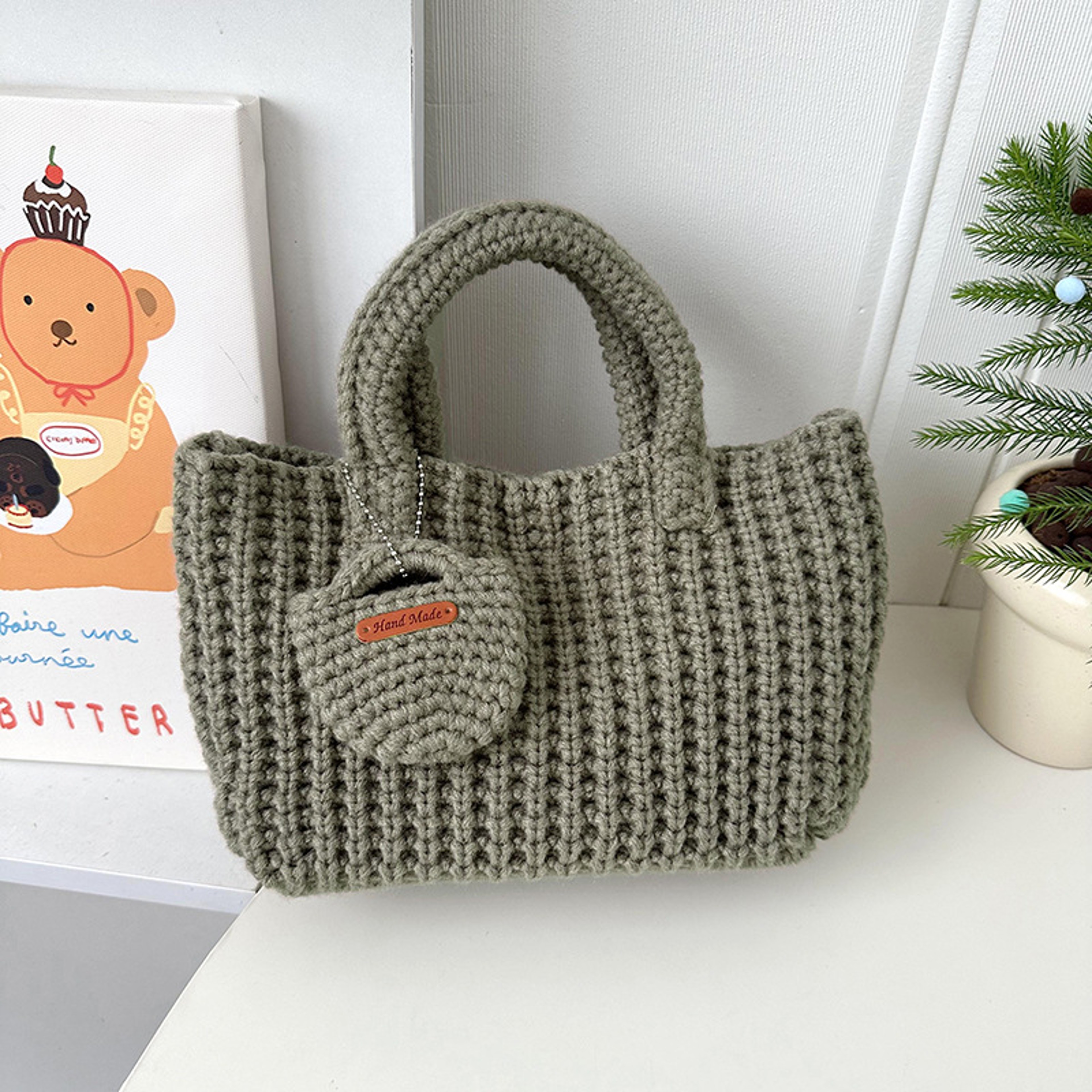 Handmade Crochet Bag Solid Color Woolen Handbag For Mobile Phone 4