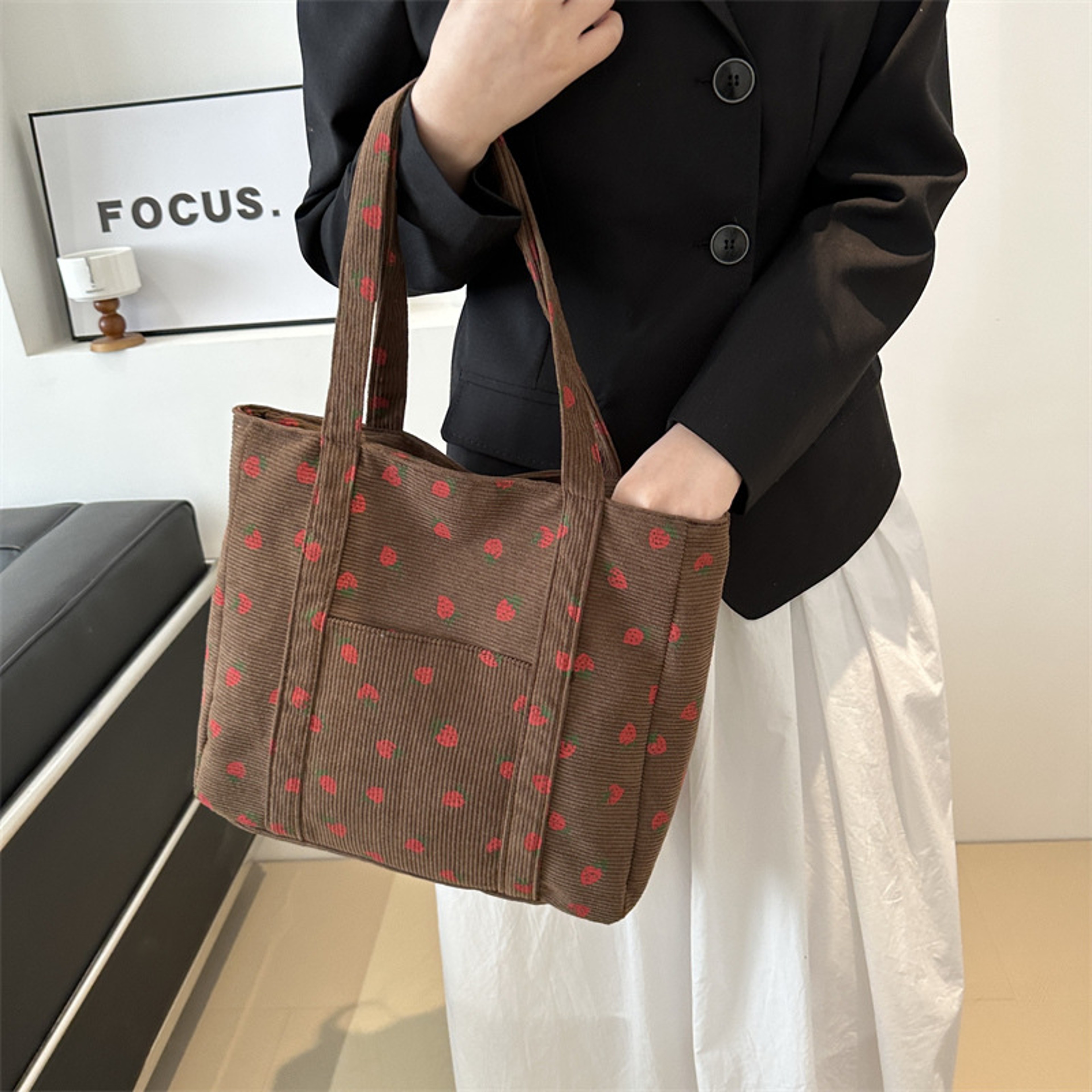 Sweet Strawberry Corduroy Large Capacity Commuter Tote Bag – view 3
