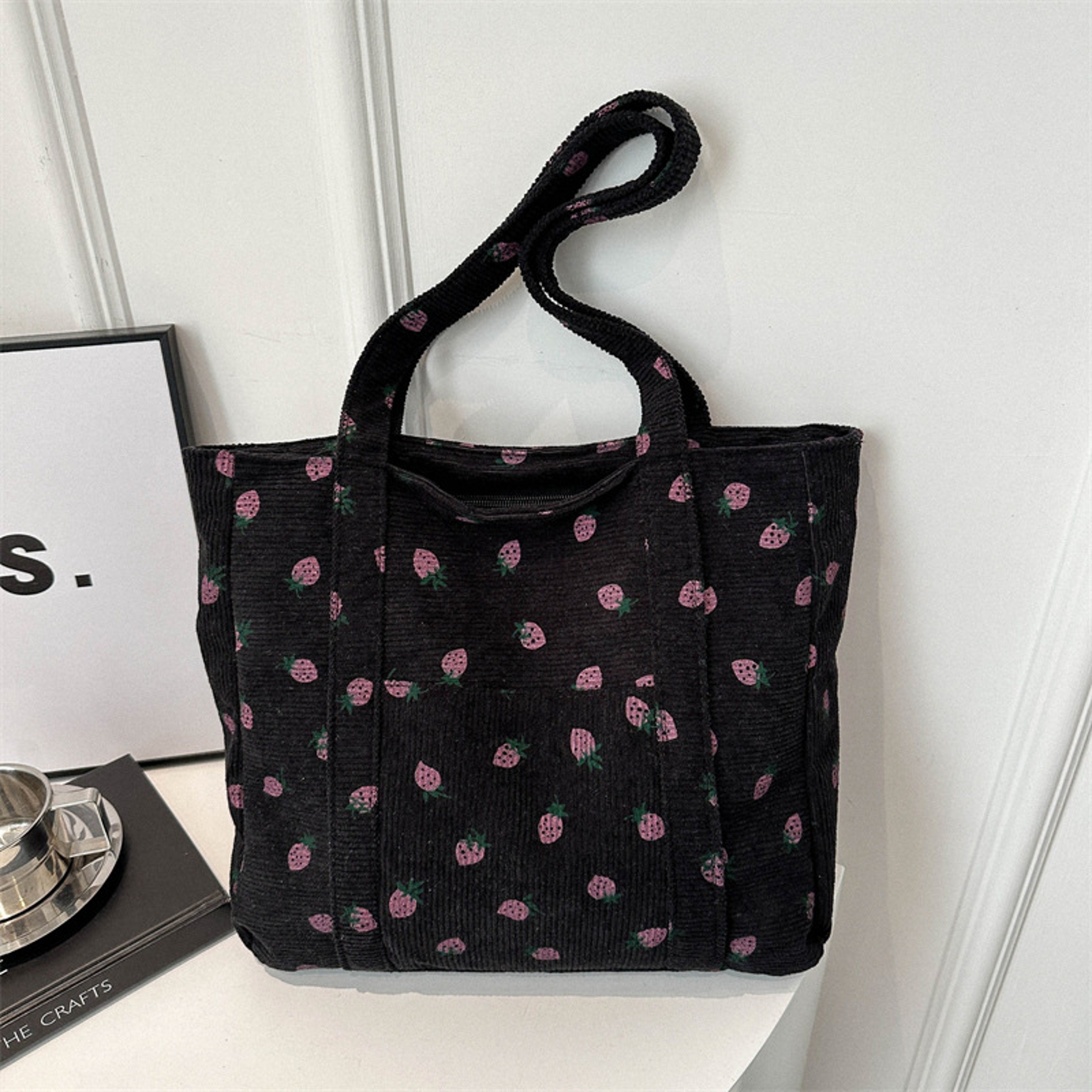 Sweet Strawberry Corduroy Large Capacity Commuter Tote Bag – view 8