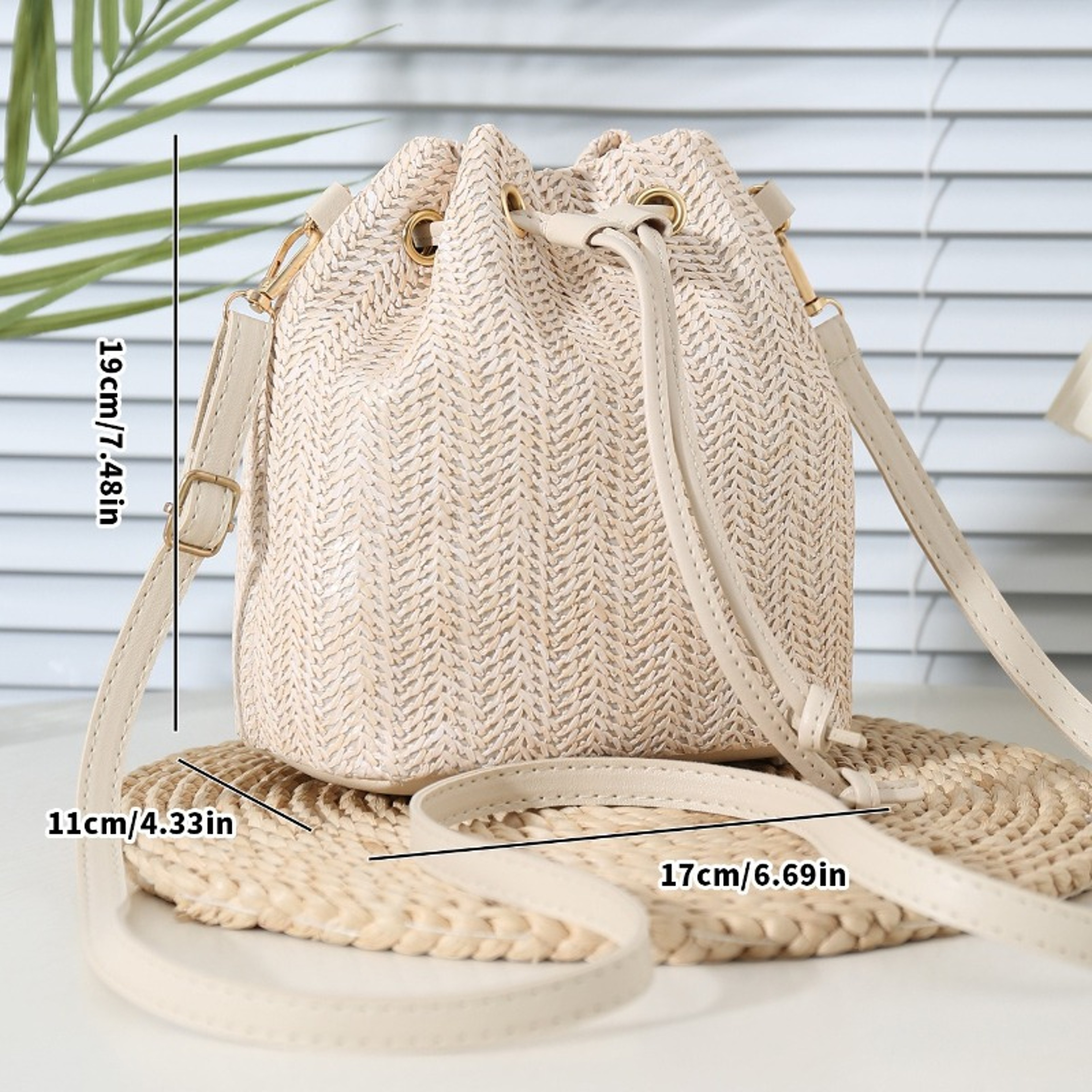 Bohemian Beige Straw Woven Bucket Crossbody Bag for Summer – view 4