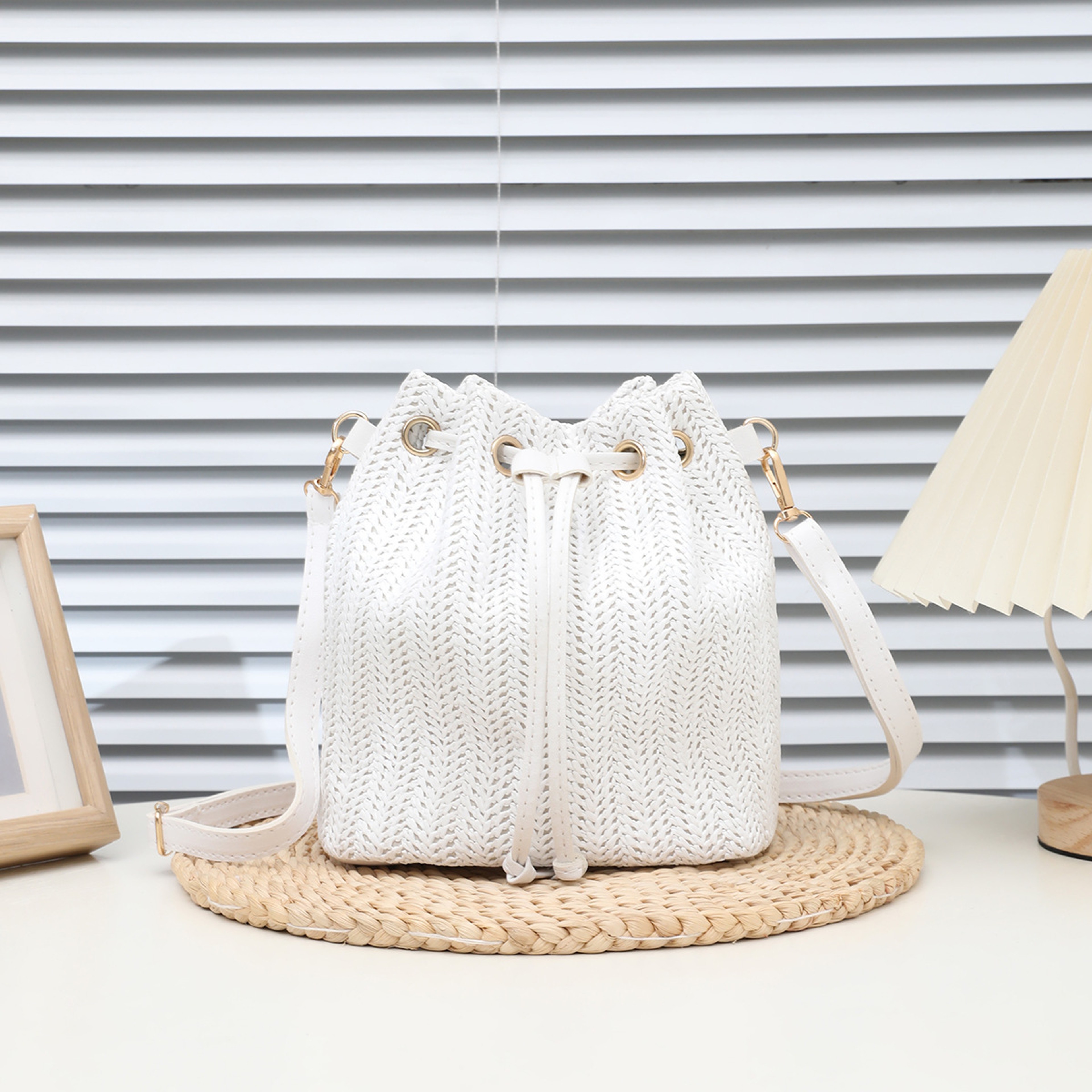 Bohemian Beige Straw Woven Bucket Crossbody Bag for Summer – view 7