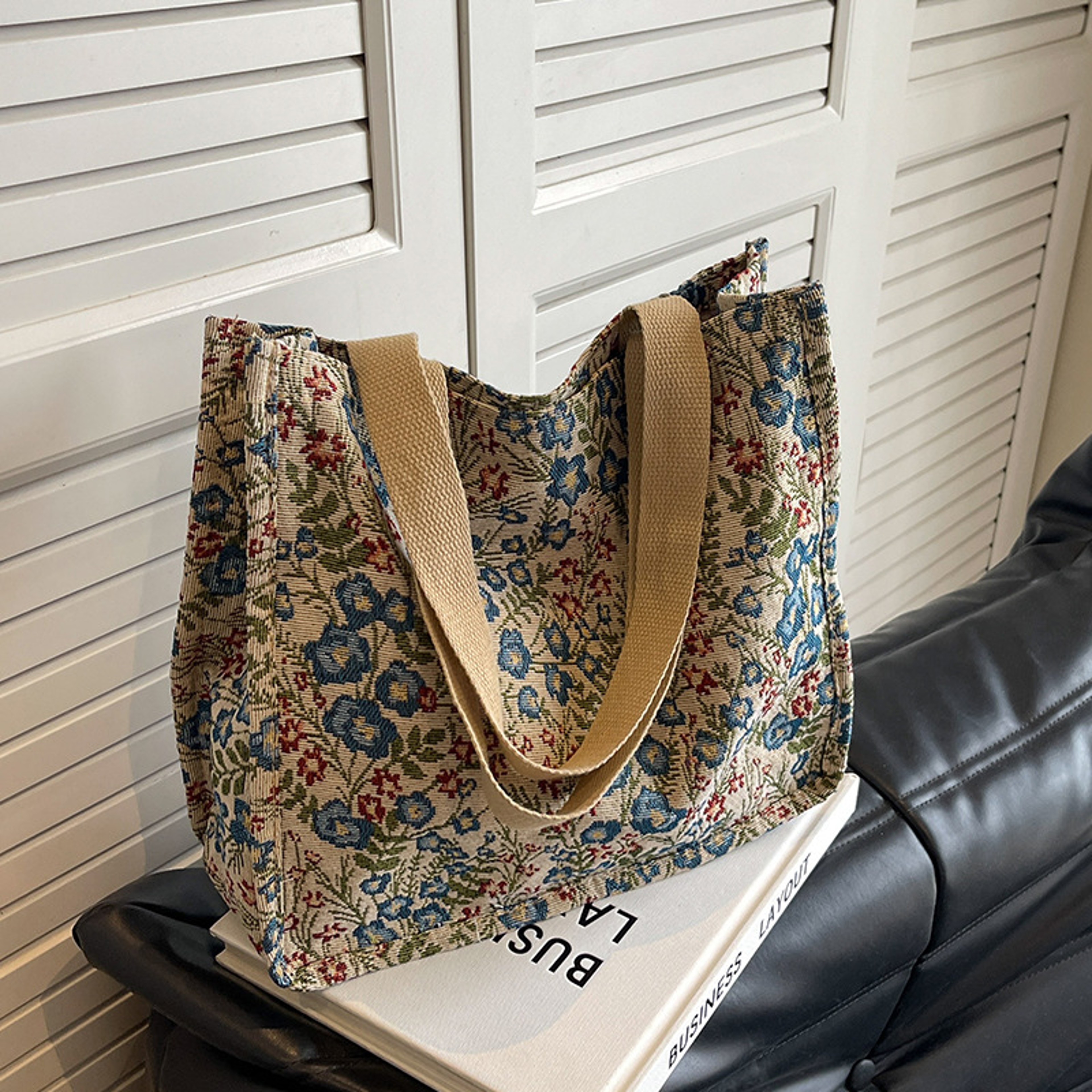 Floral Flax Tote Bag Large Capacity Casual Handbag And Lunch Carrier 0