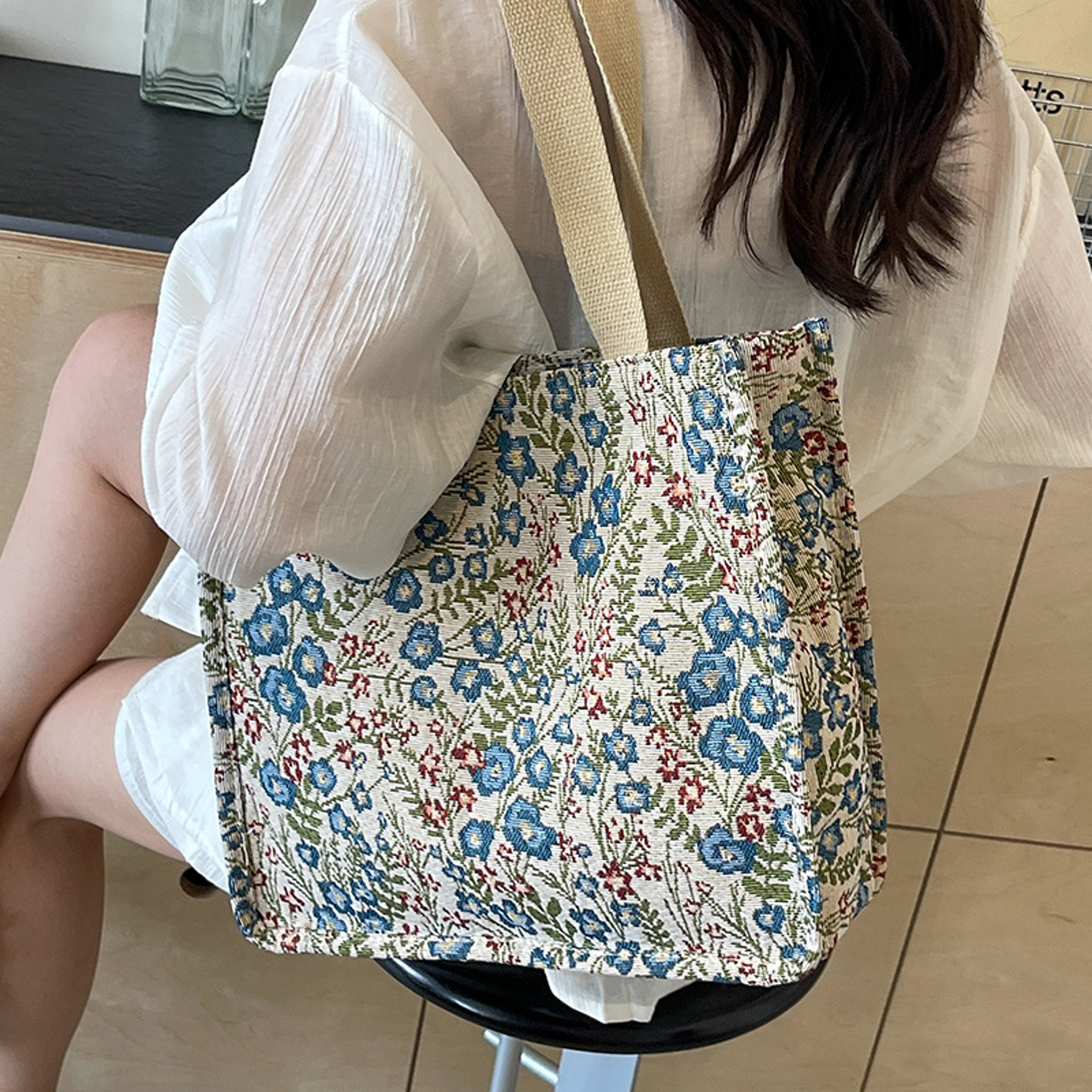 Floral Flax Tote Bag Large Capacity Casual Handbag And Lunch Carrier 1