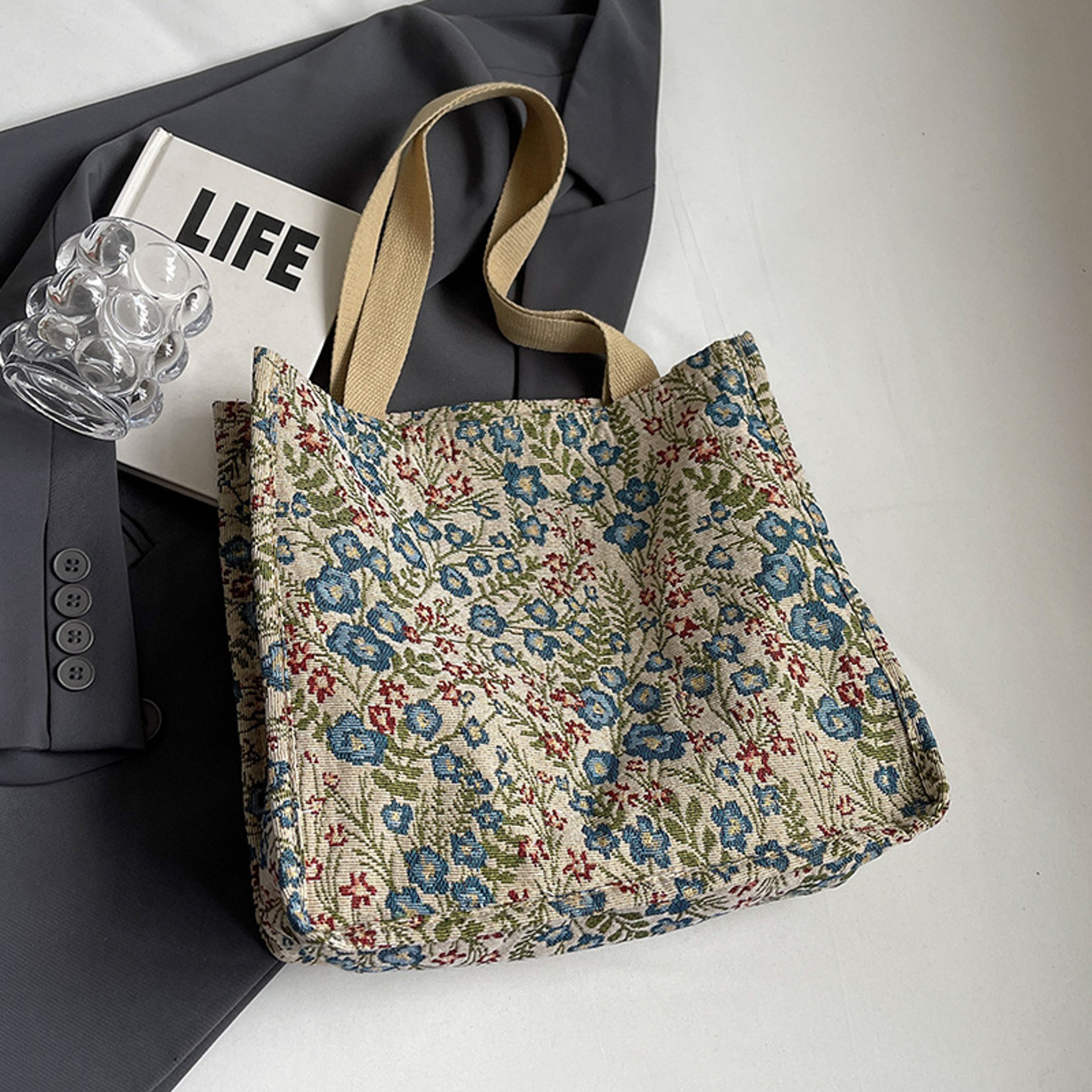 Floral Flax Tote Bag Large Capacity Casual Handbag And Lunch Carrier 3