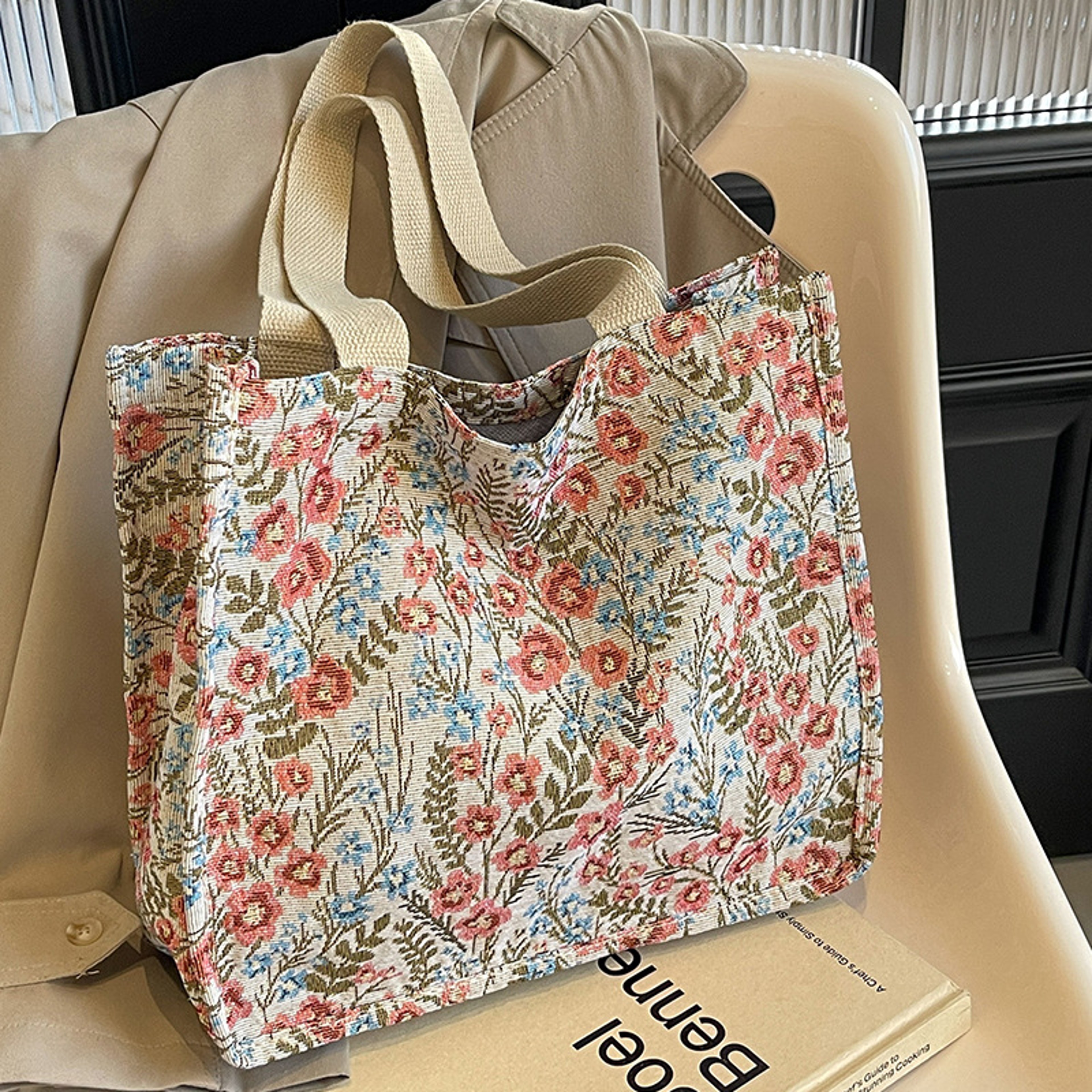Floral Flax Tote Bag Large Capacity Casual Handbag And Lunch Carrier 5