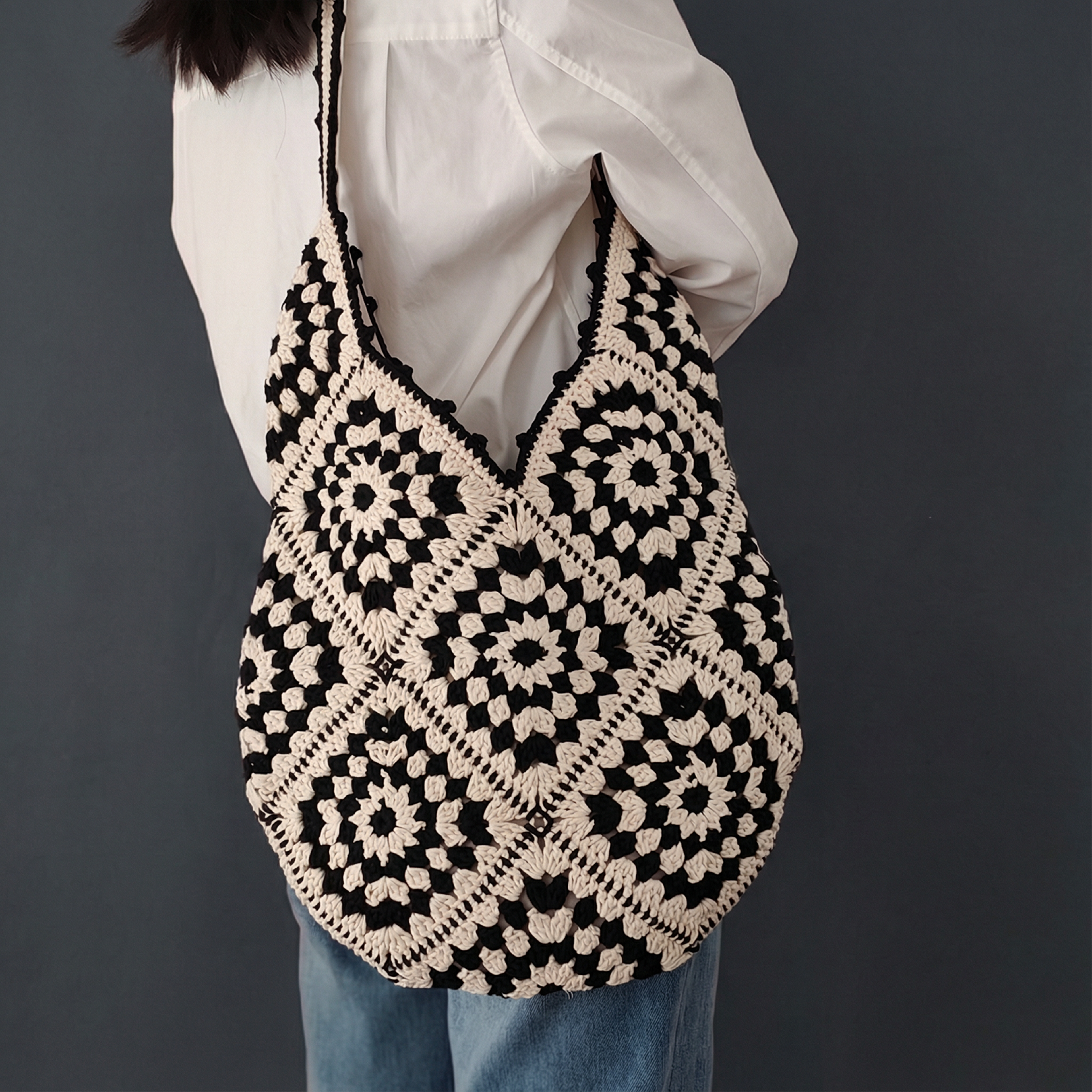 Handmade Crochet Granny Square Shoulder Bag Retro Black and White Knitted Tote – view 1