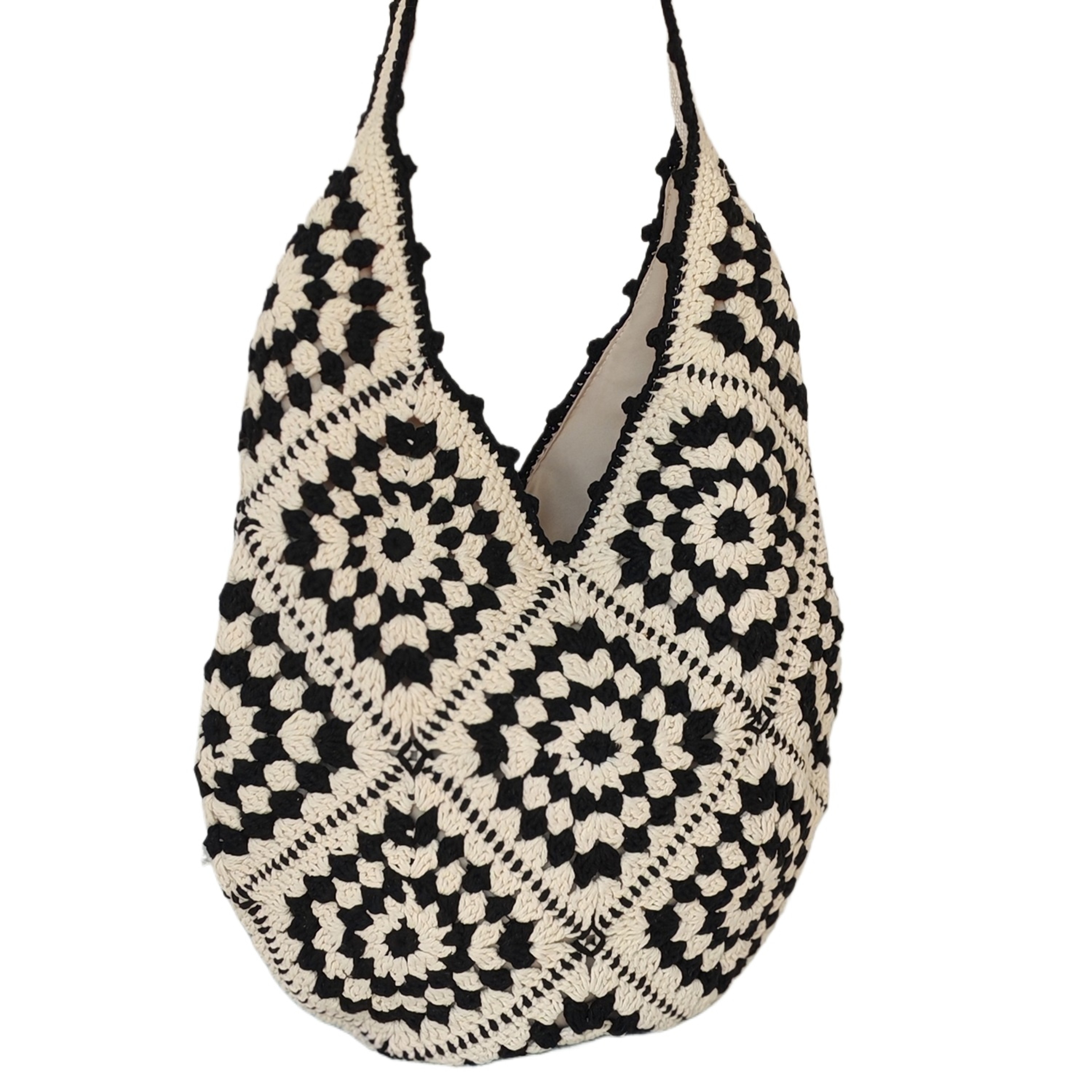 Handmade Crochet Granny Square Shoulder Bag Retro Black and White Knitted Tote – view 2