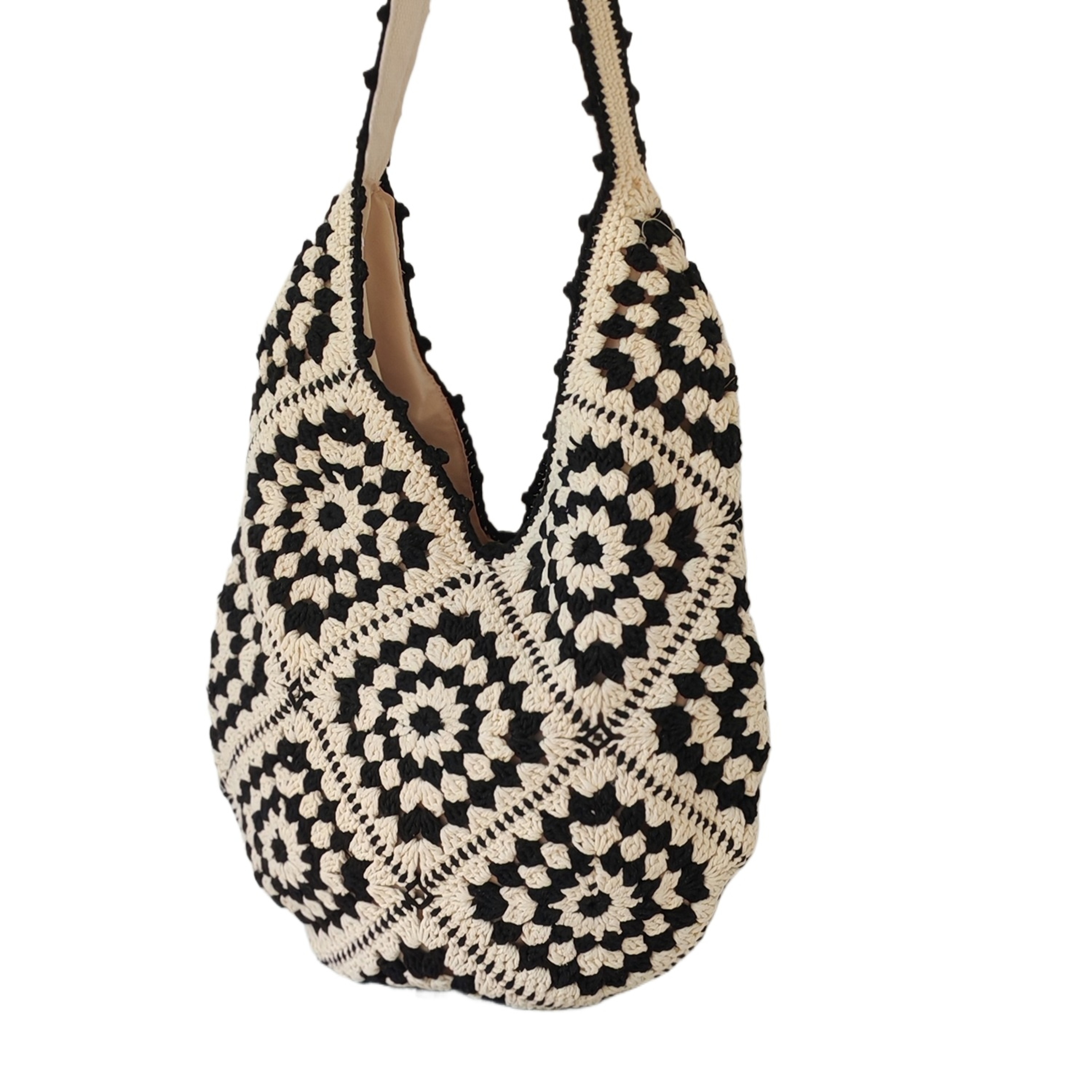Handmade Crochet Granny Square Shoulder Bag Retro Black and White Knitted Tote – view 6