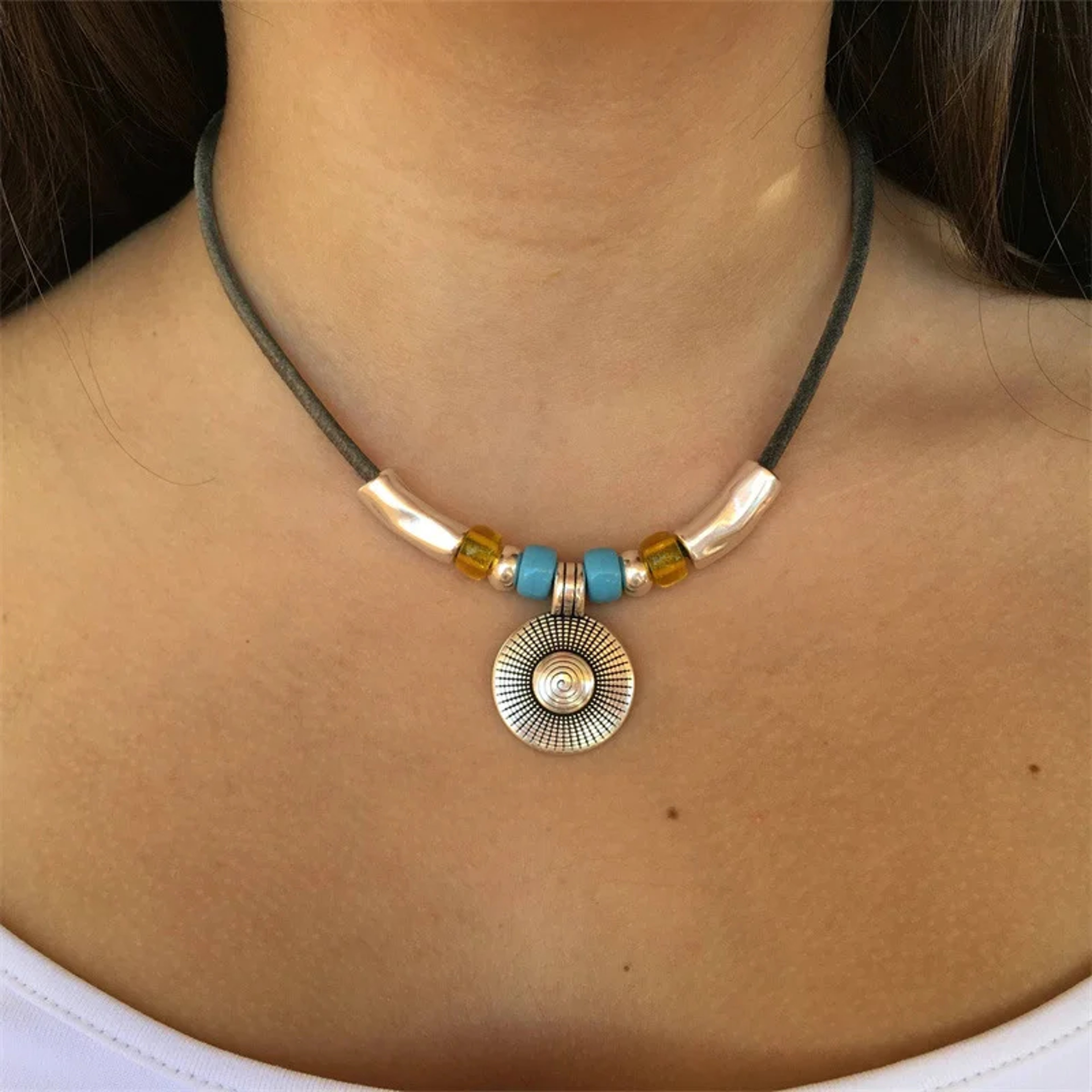 Bohemian Turquoise Leather Pendant Necklace – view 1