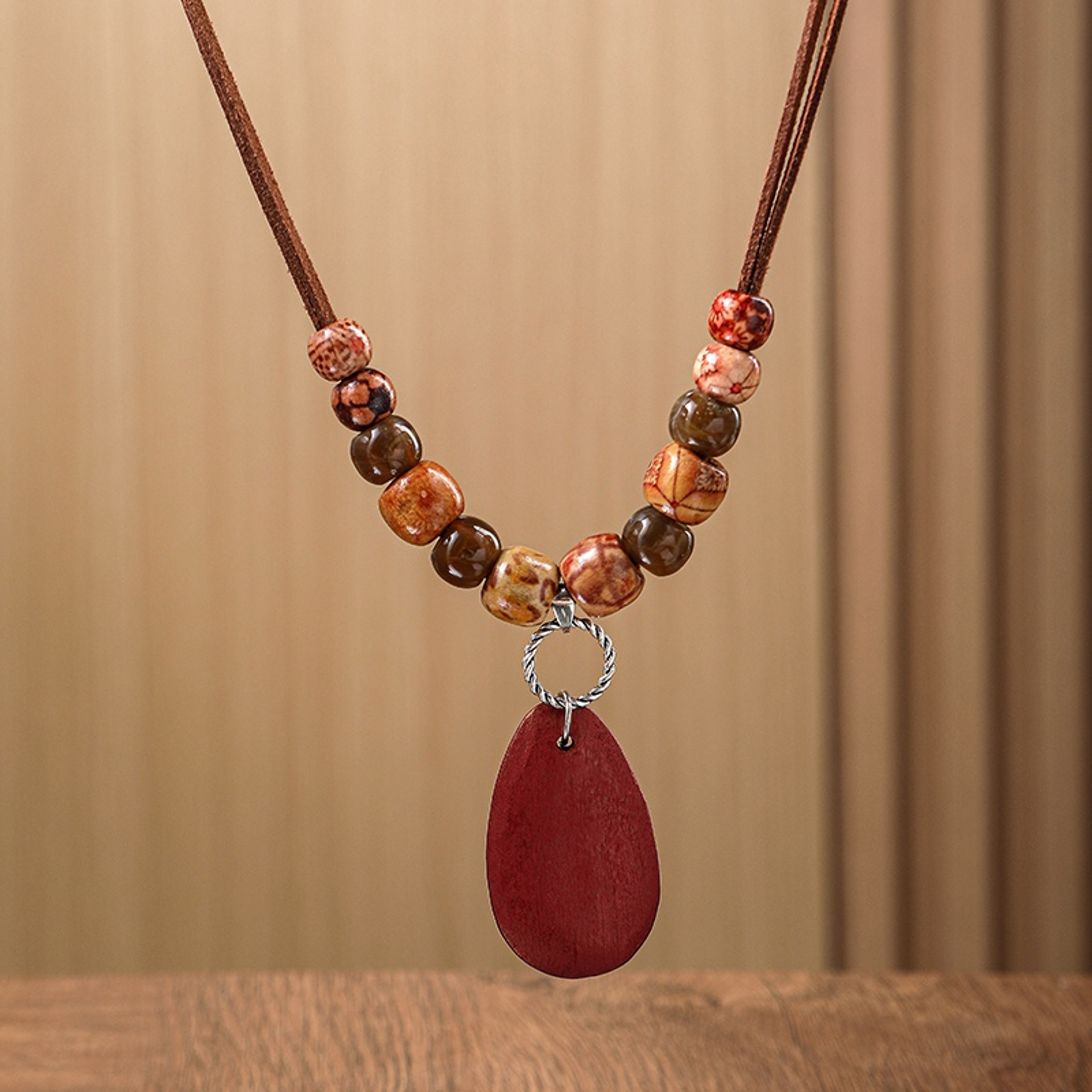Handmade Wooden Beaded Necklace With Ethnic Totem Pendant 4