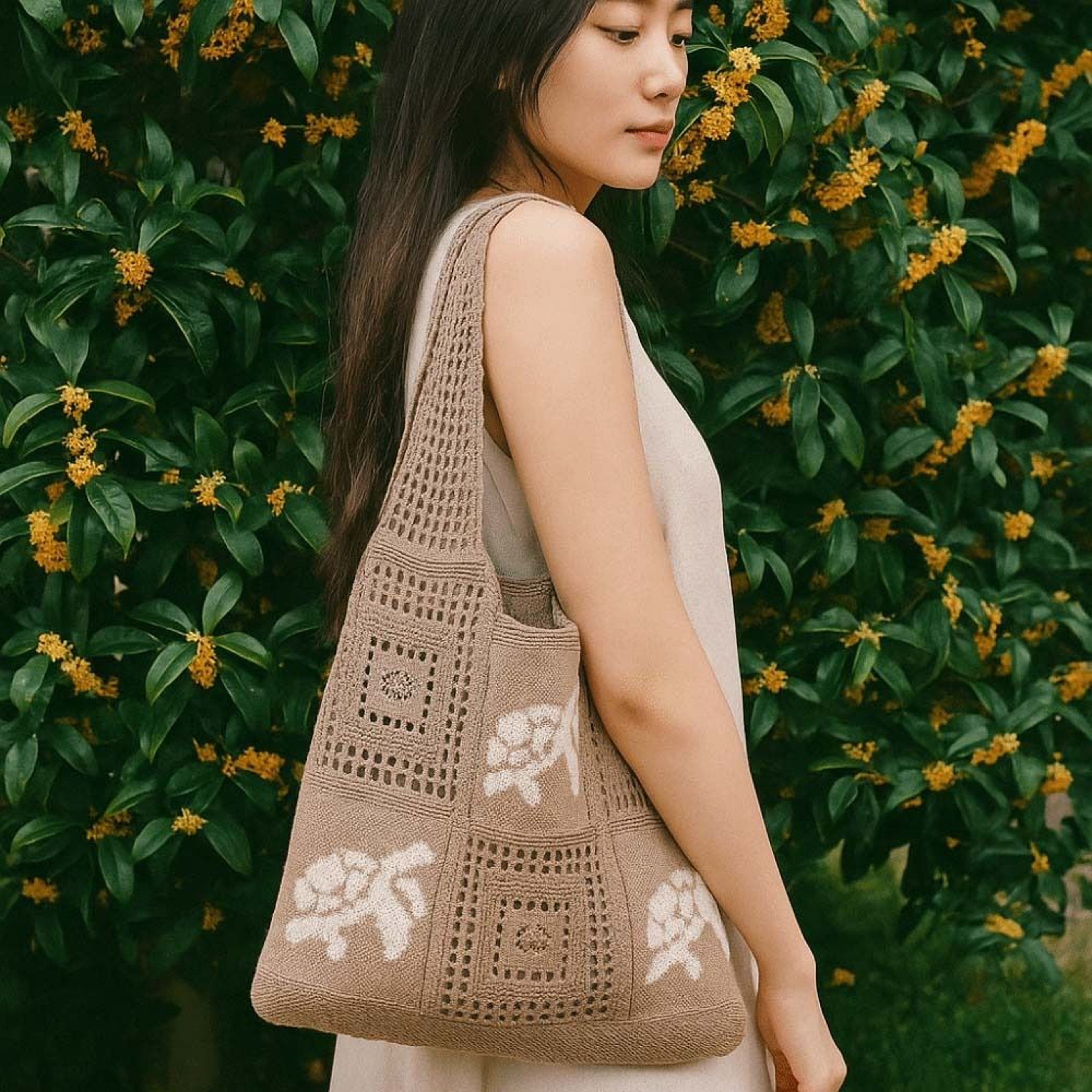 Korean Style Crochet Tote Bag With Turtle Embroidery 0