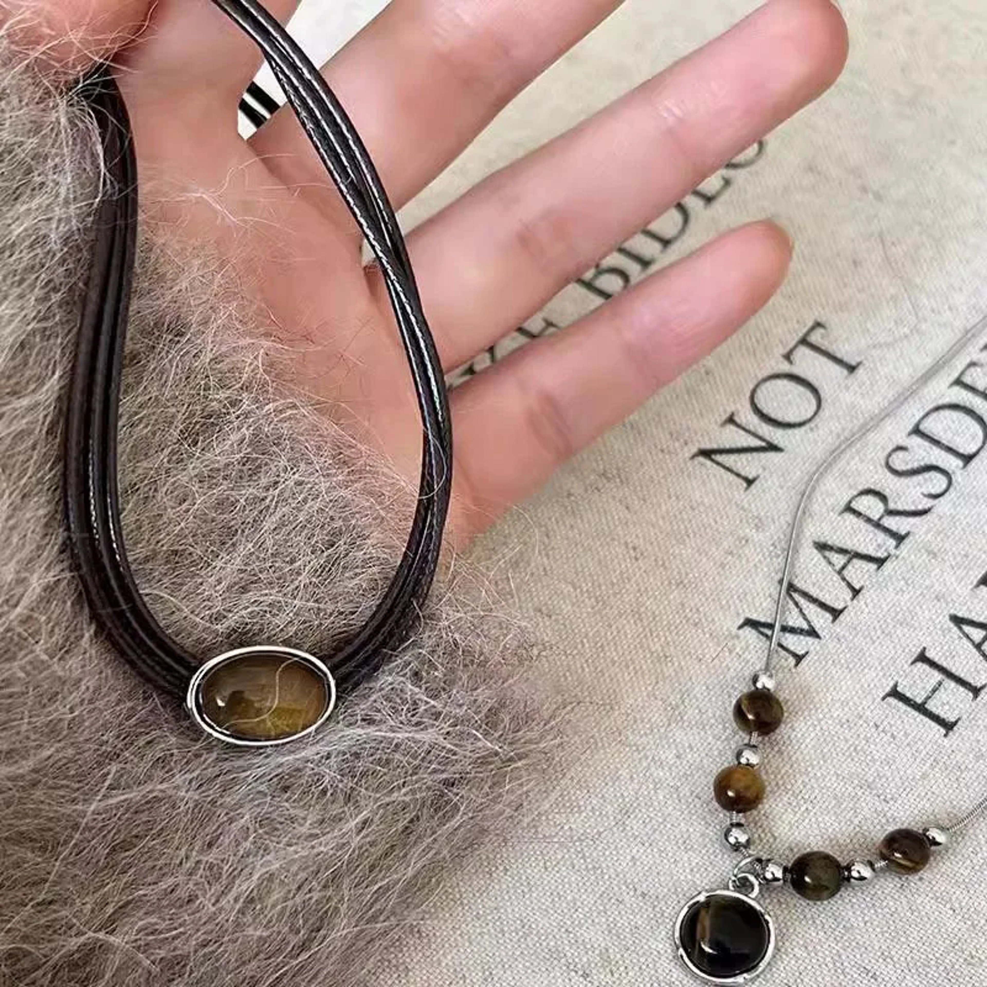 Vintage Leather Brown Stone Pendant Necklace – view 2