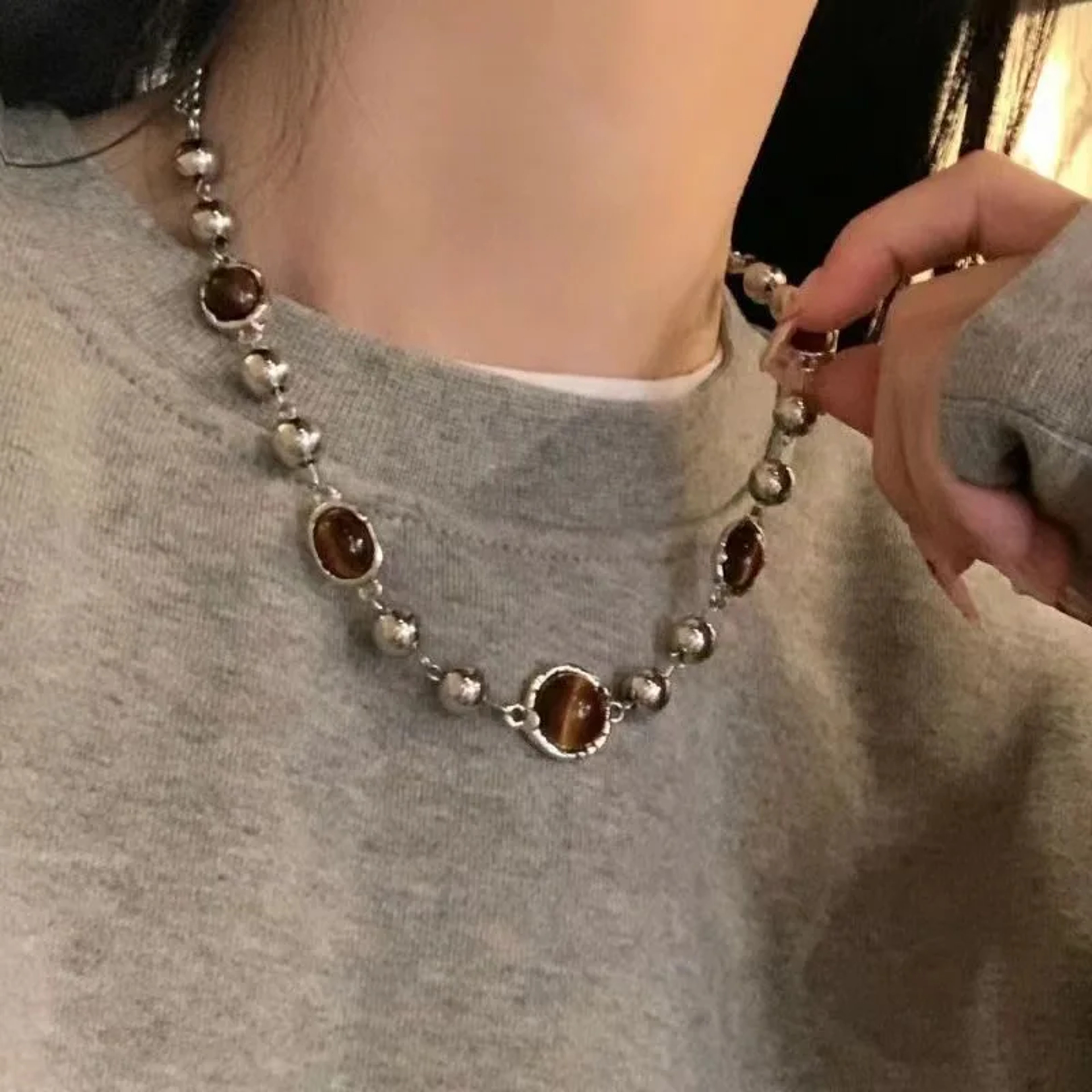Vintage Leather Brown Stone Pendant Necklace – view 7