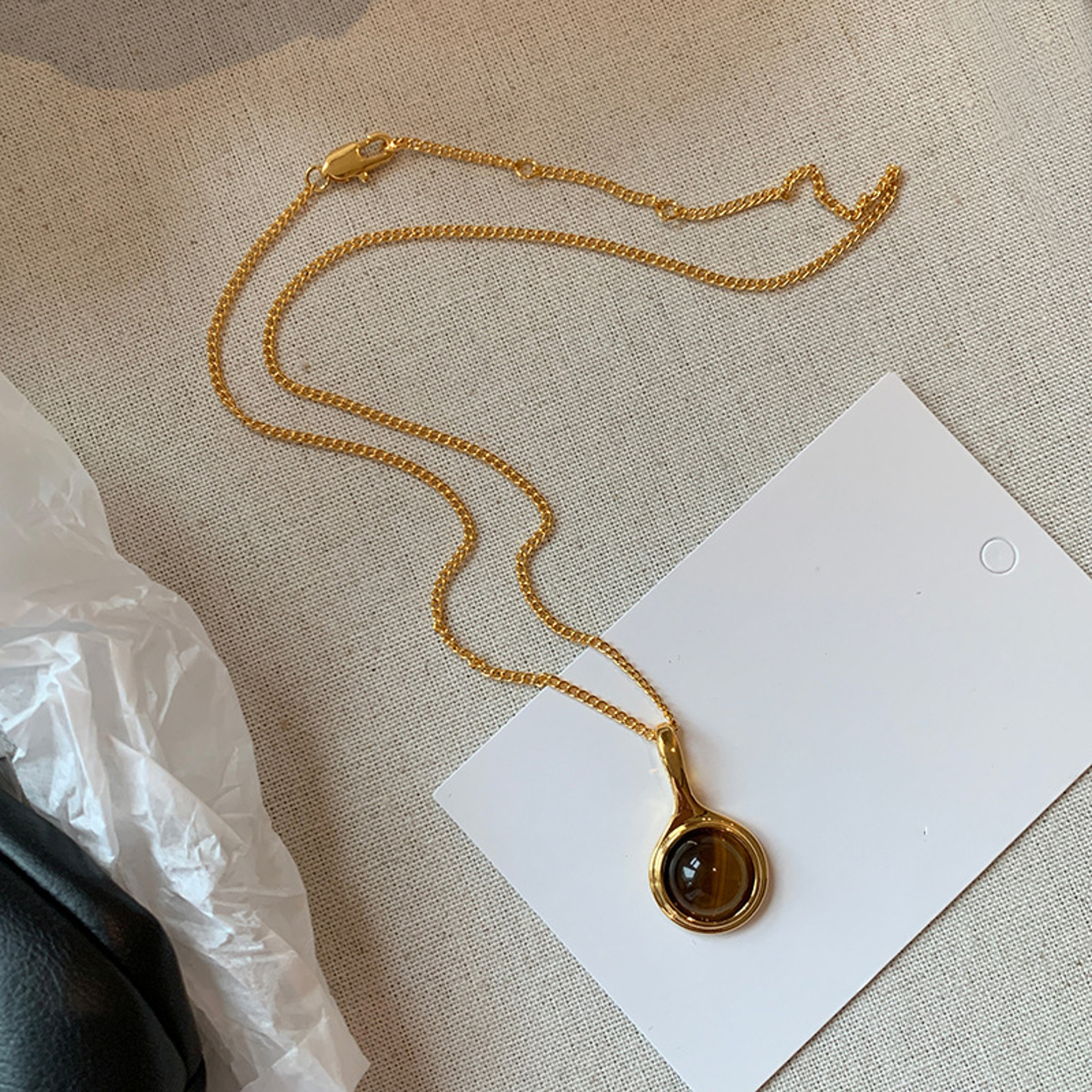 Vintage Gold Natural Brown Stone Beaded Choker Necklace – view 7