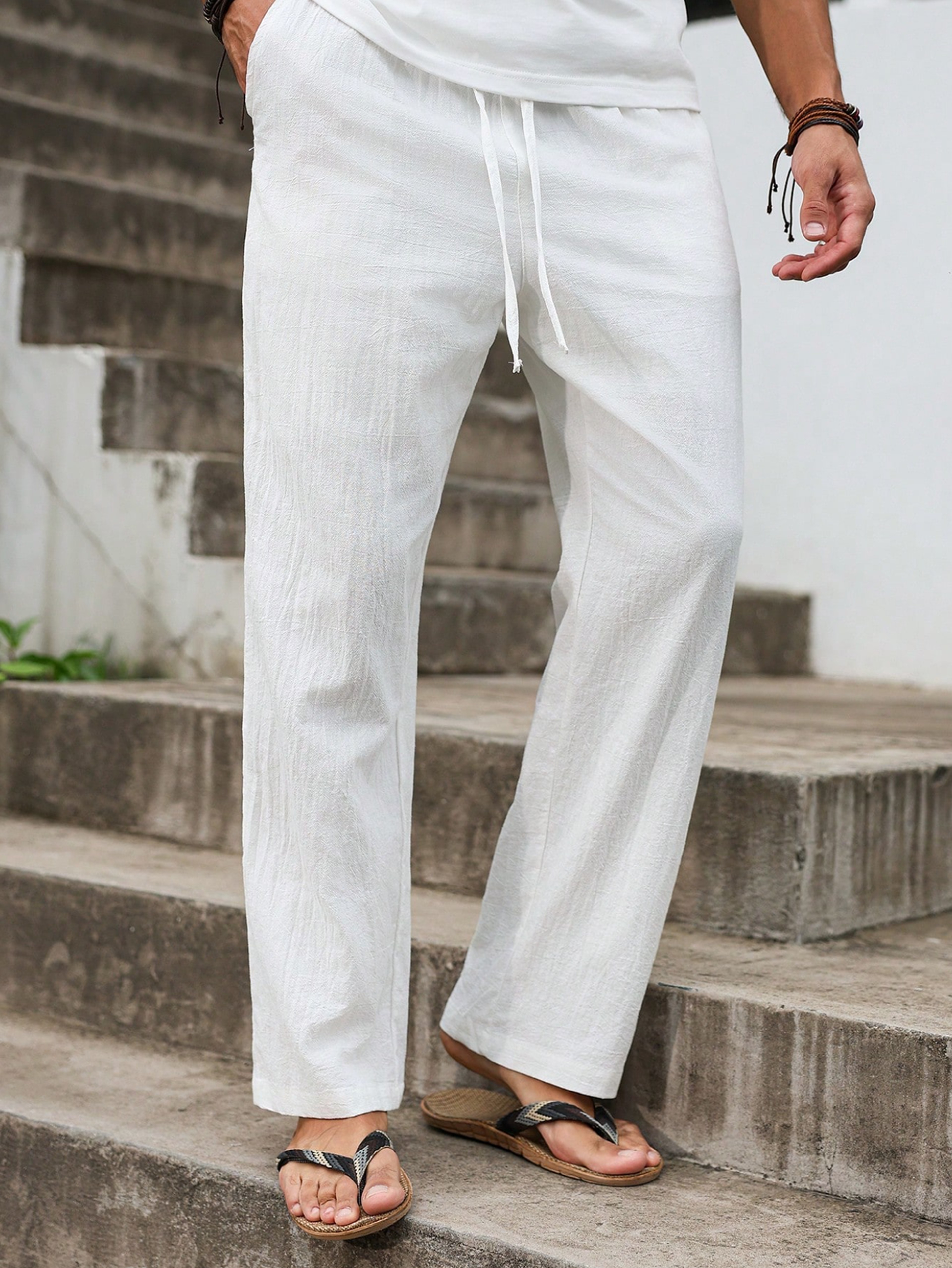 Men Linen Straight Cut Leisure Pants 0