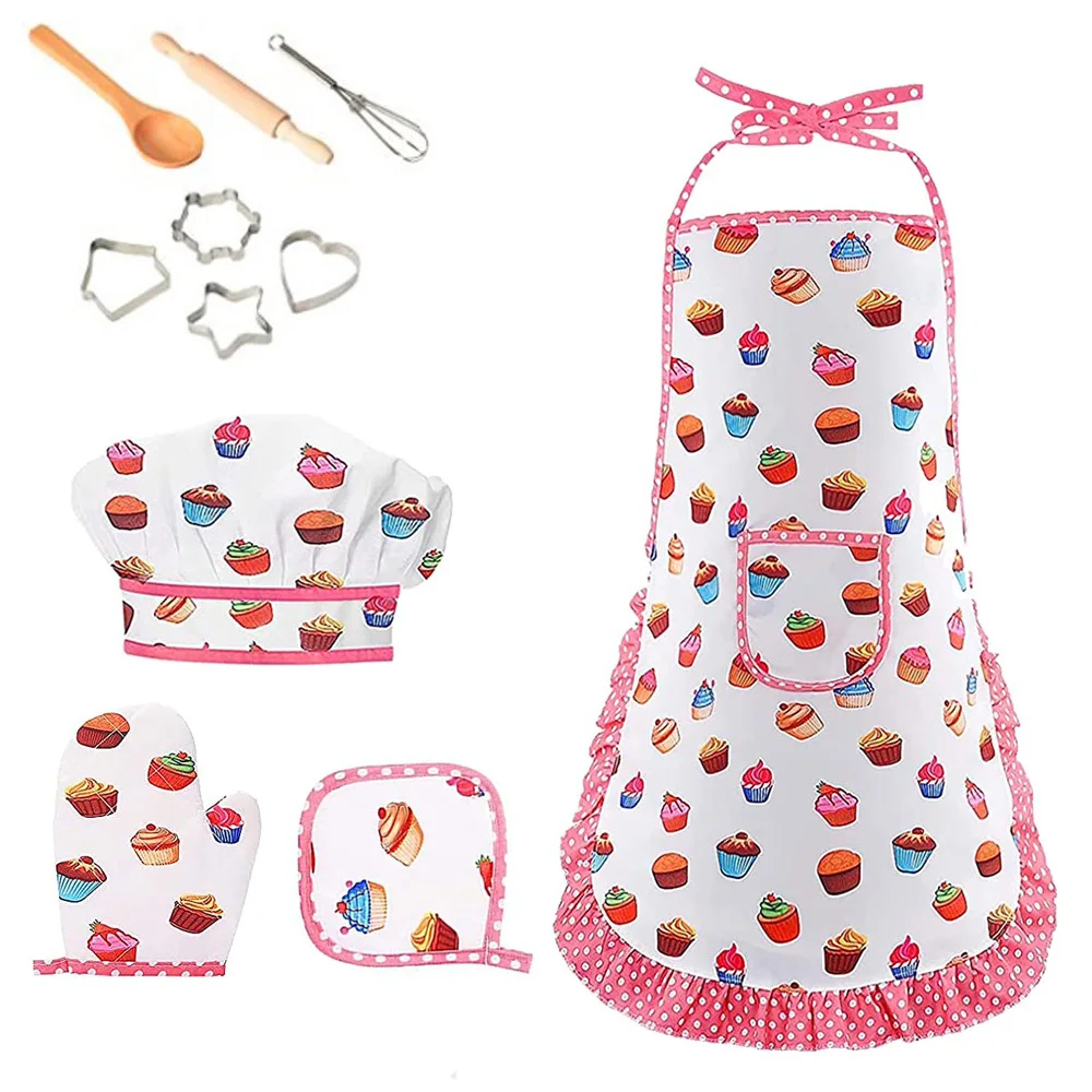 Kids Apron for Little Girls, Pink Chef Baking Set, Kitchen Cooking Play House Tools for Pretend Play Simulation – view 9
