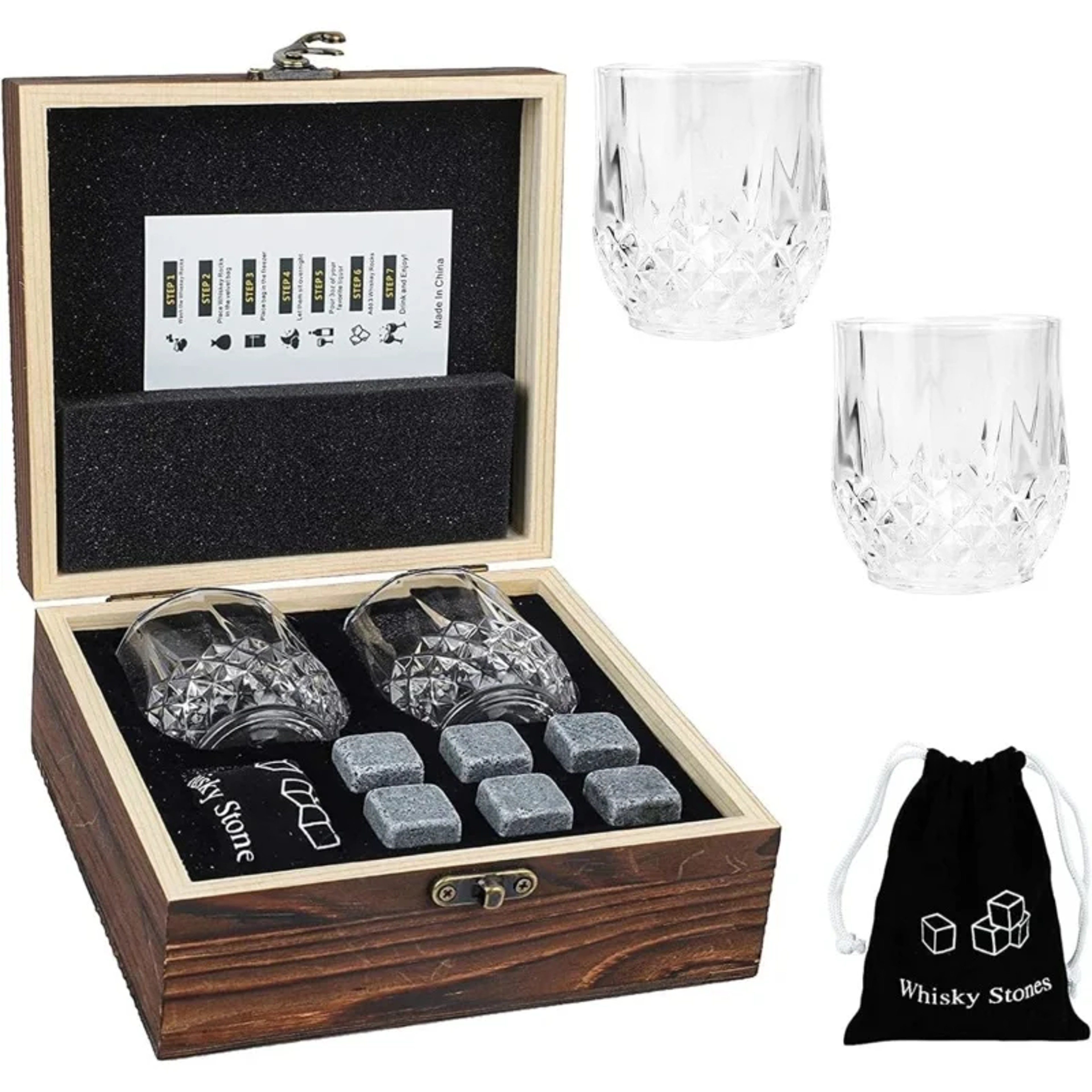 Whiskey Stones Glasses Set For Men Fathers Day Gift Granite Ice Block In Wooden Bottle Box For Dad  0